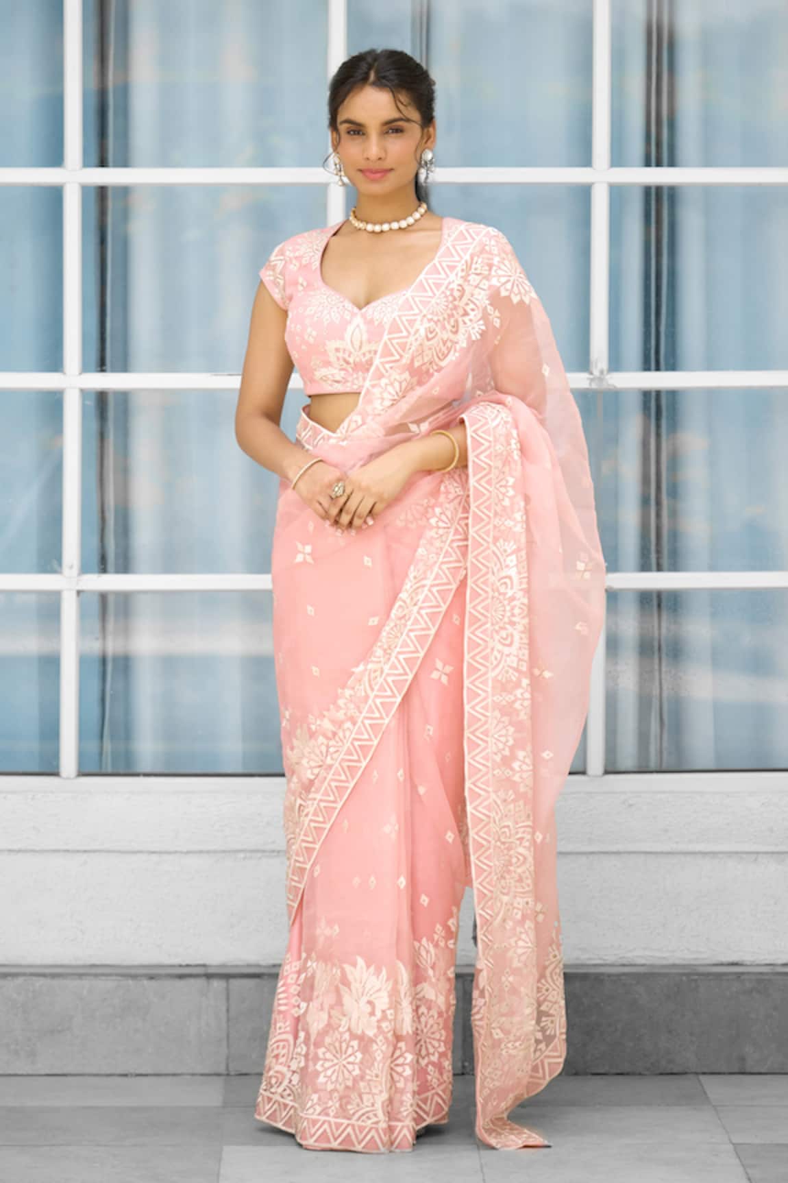 SHASHA GABA Hand Embellished Pink Saree Set 