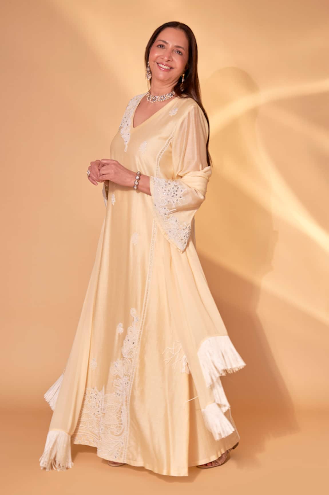 Ohaila Khan Butter Yellow Hand Embroidered Kaftan Set 
