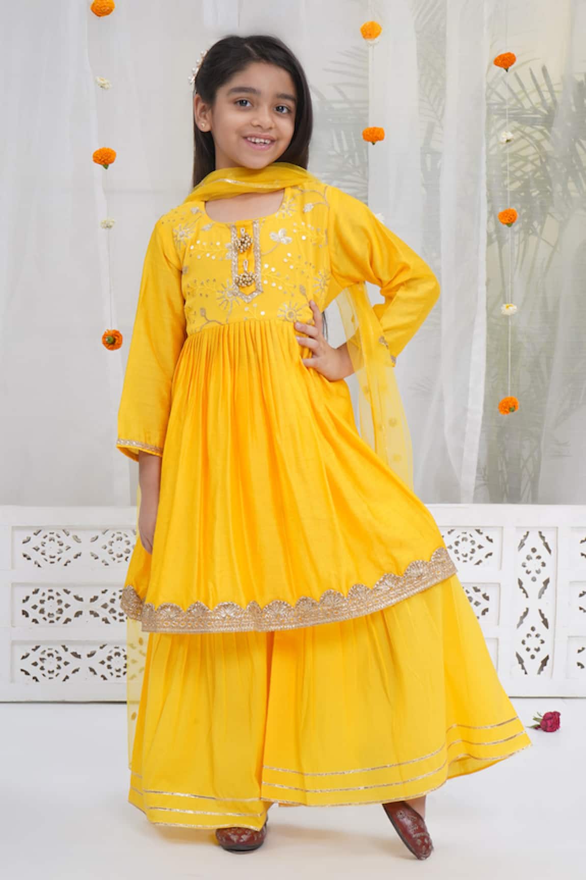 Little Bansi Haldi Yellow Embroidered Kurta Sharara Set 