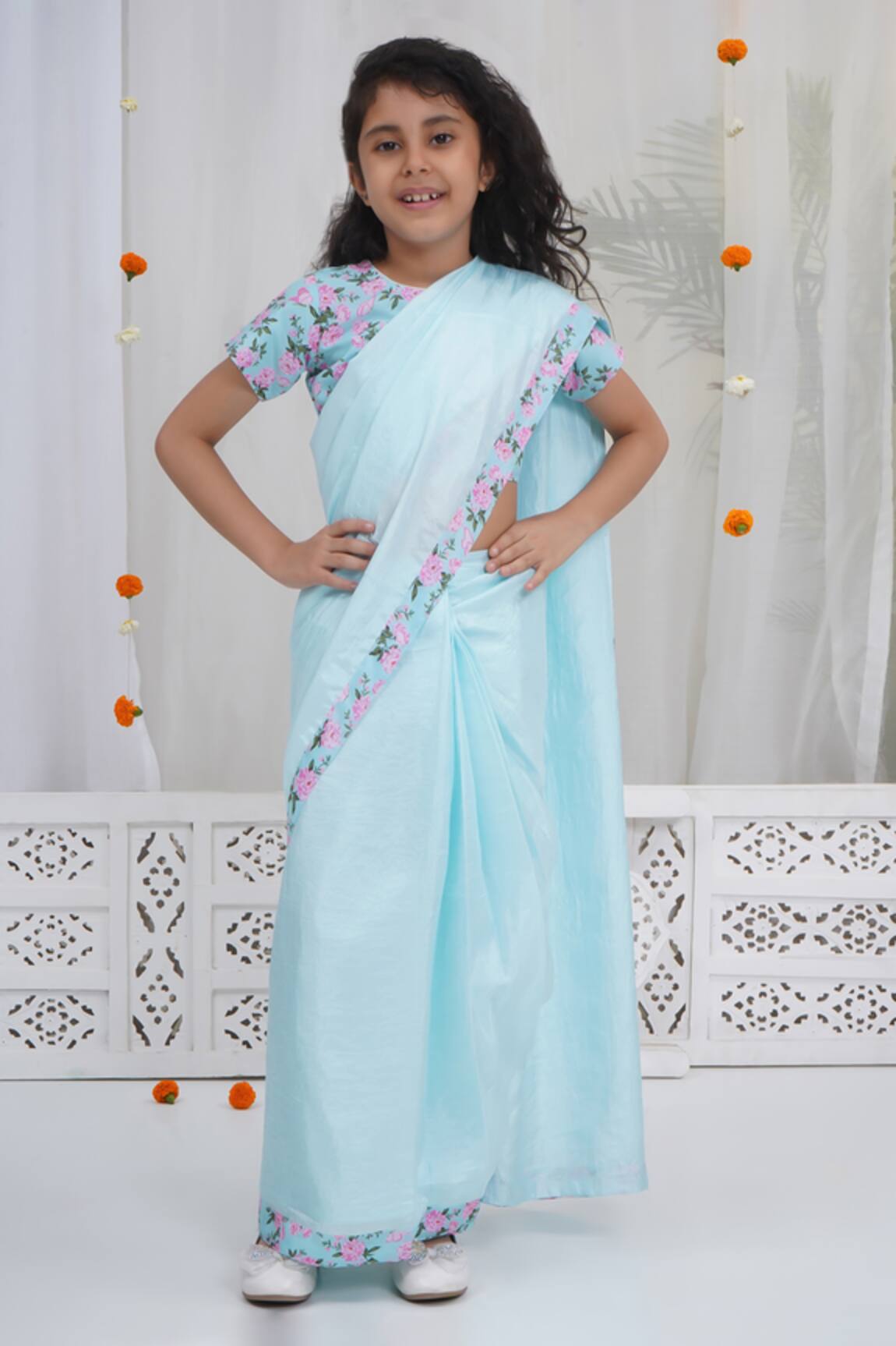 Little Bansi Designer Printed Saree & Blouse Set 
