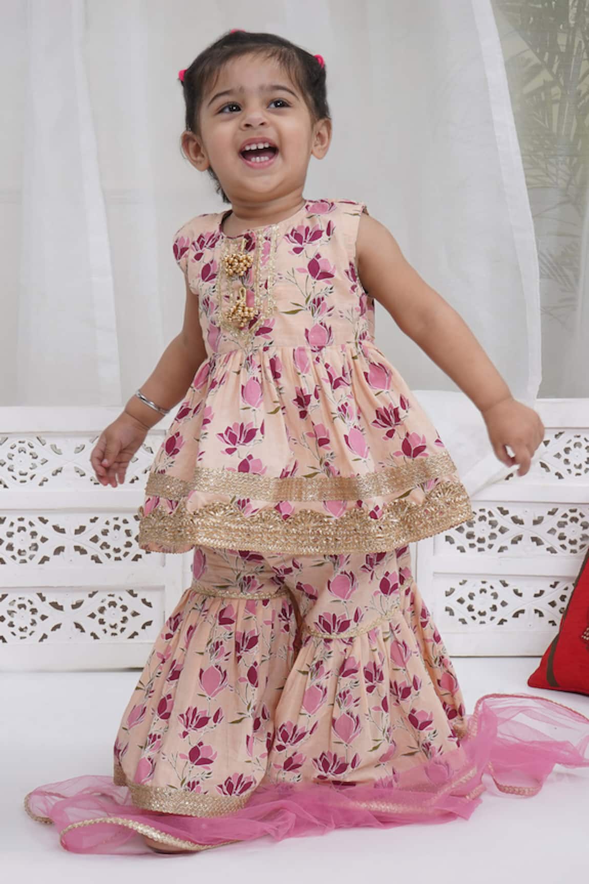 Little Bansi Peach Floral Printed Kurta Sharara Set 
