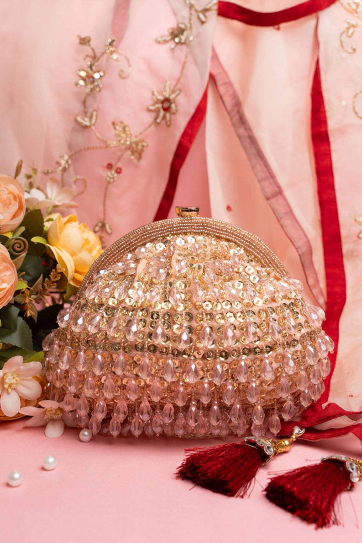 Nayaab By Sonia Sequin Frame Finish Dangling Bead Clutch 
