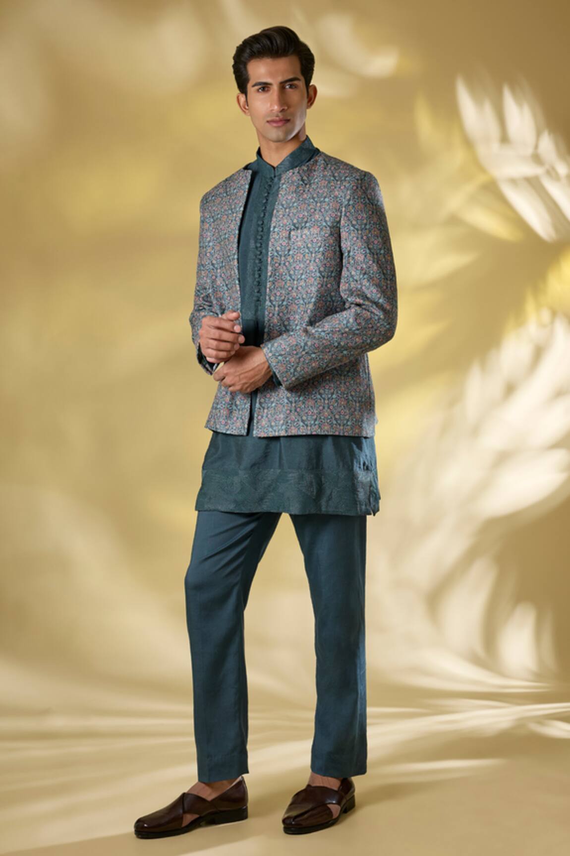 Rabani & Rakha Teal Green Thread Work Kurta Set 