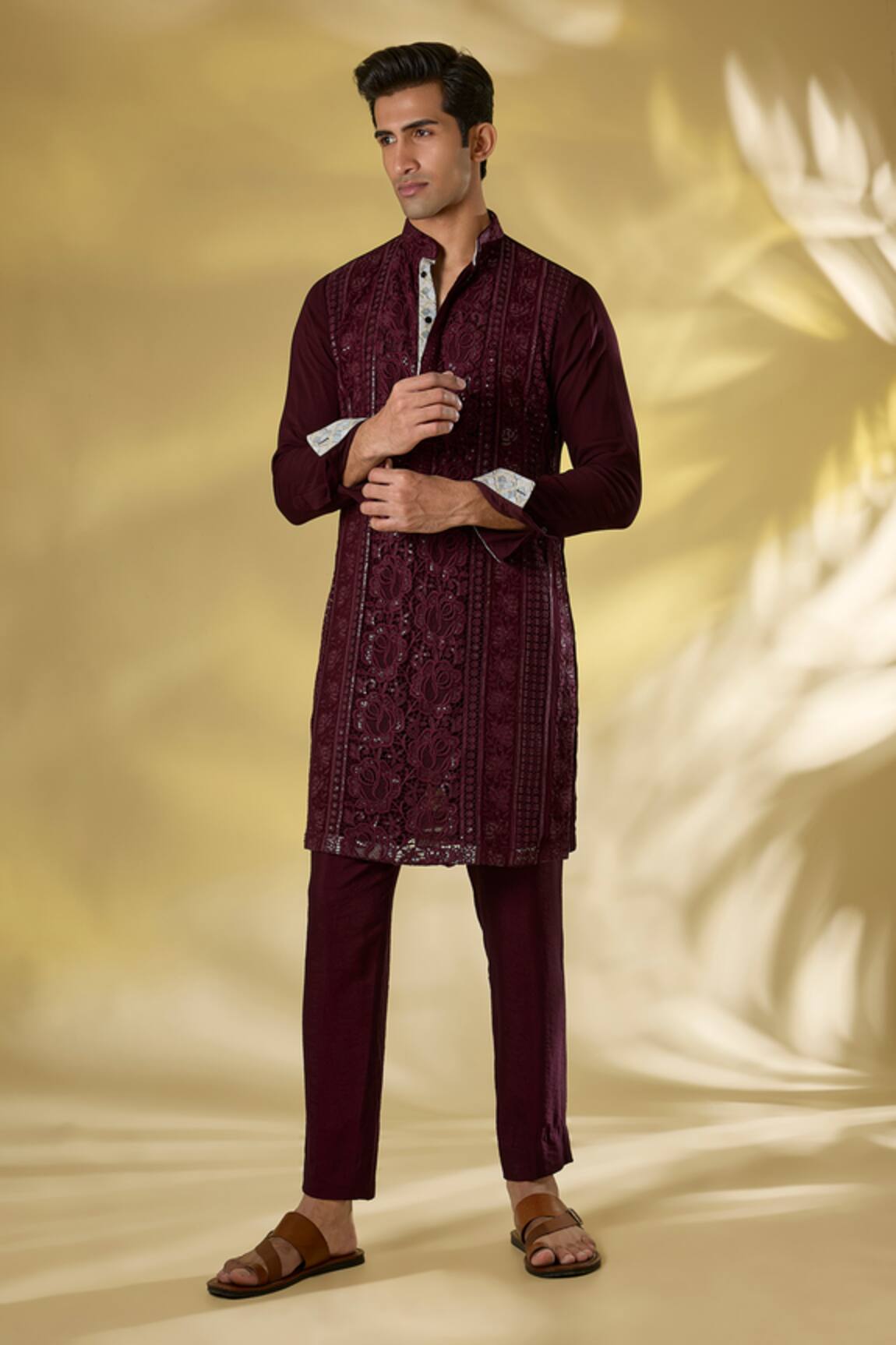 Rabani & Rakha Oxblood Maroon Thread & Sequin Kurta Set 
