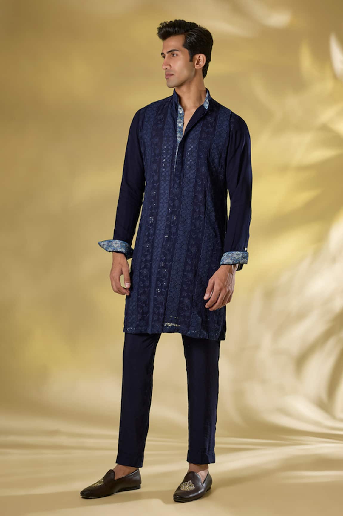 Rabani & Rakha Dark Blue Thread Sequin Kurta Pant Set 