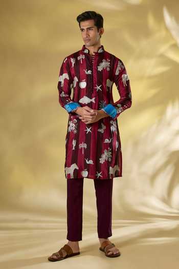 Rabani & Rakha Wine Silk Thread Zari Kurta Pant Set 