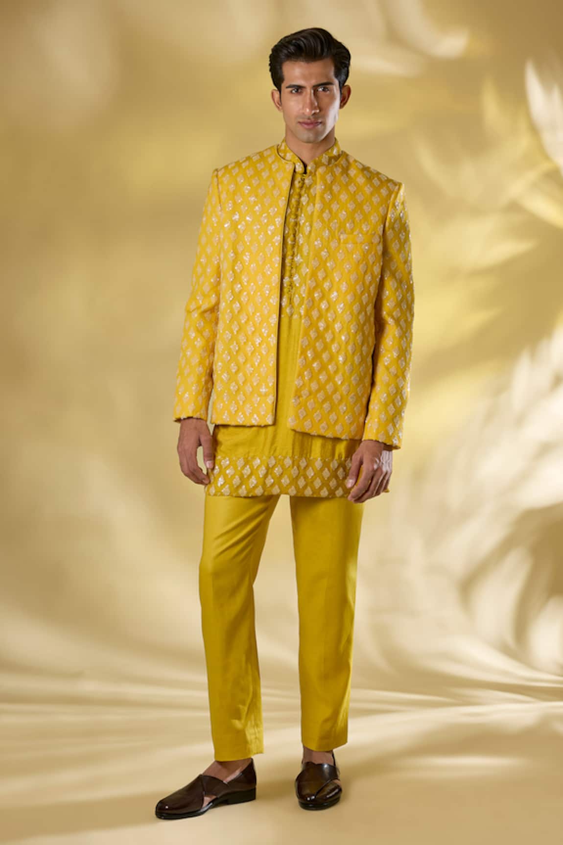 Rabani & Rakha Yellow Silk Thread & Sequin Kurta Set 