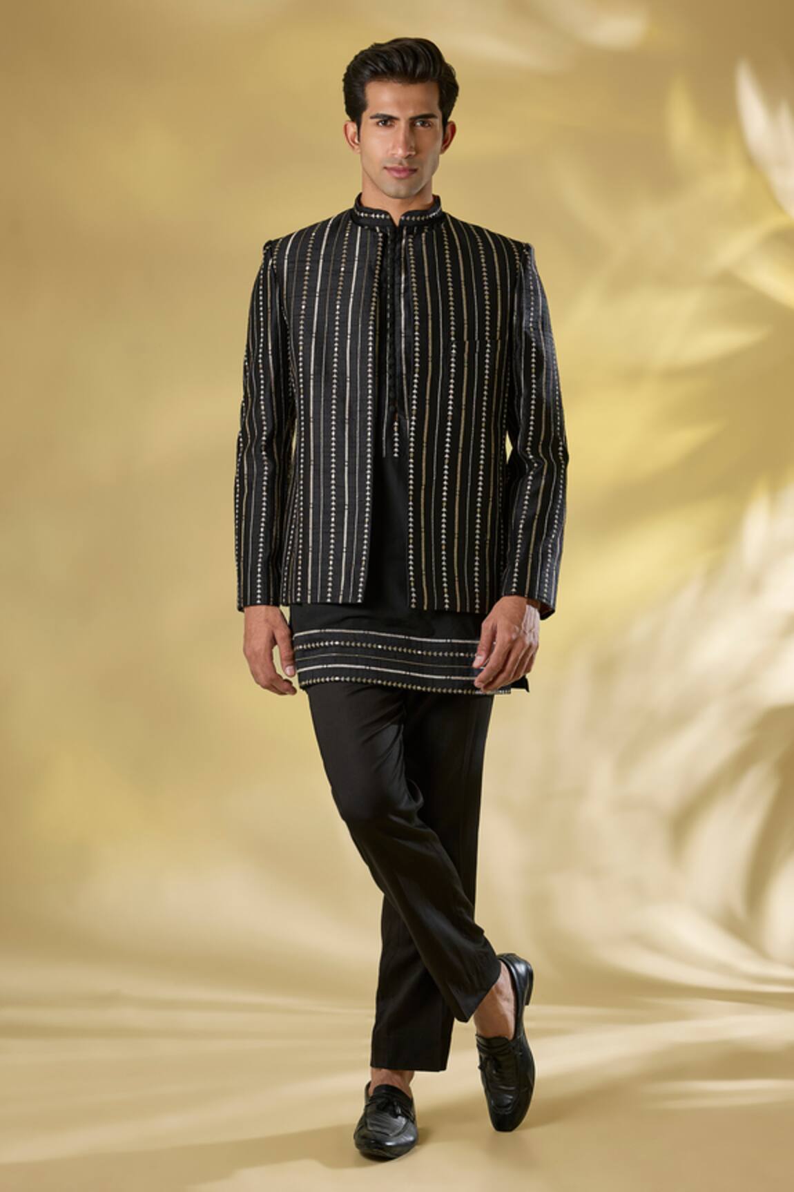 Rabani & Rakha Black Zari Work Jacket & Kurta Set 