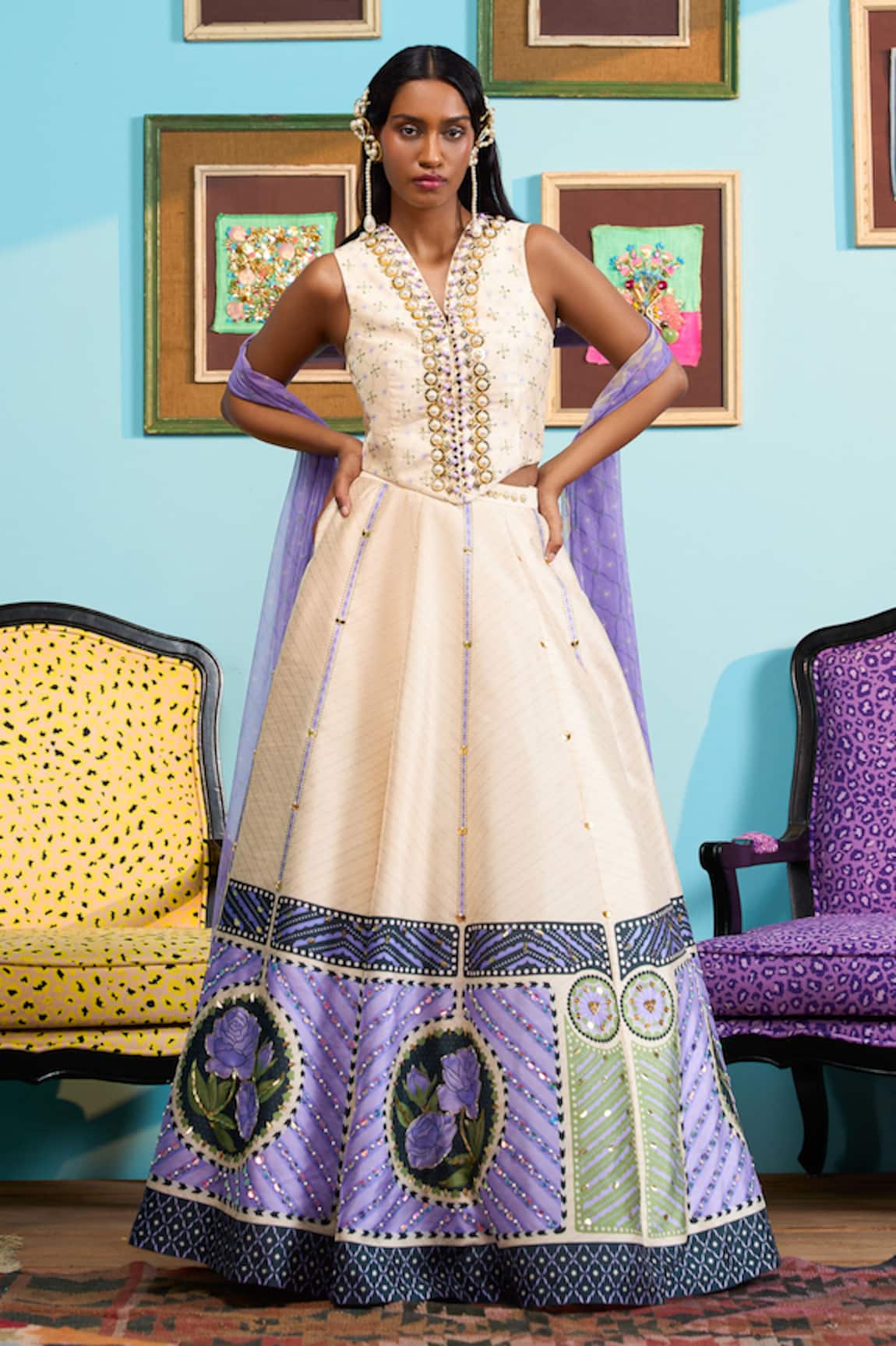 Papa Don't Preach Ivory Printed Raw Silk Lehenga & Waistcoat 