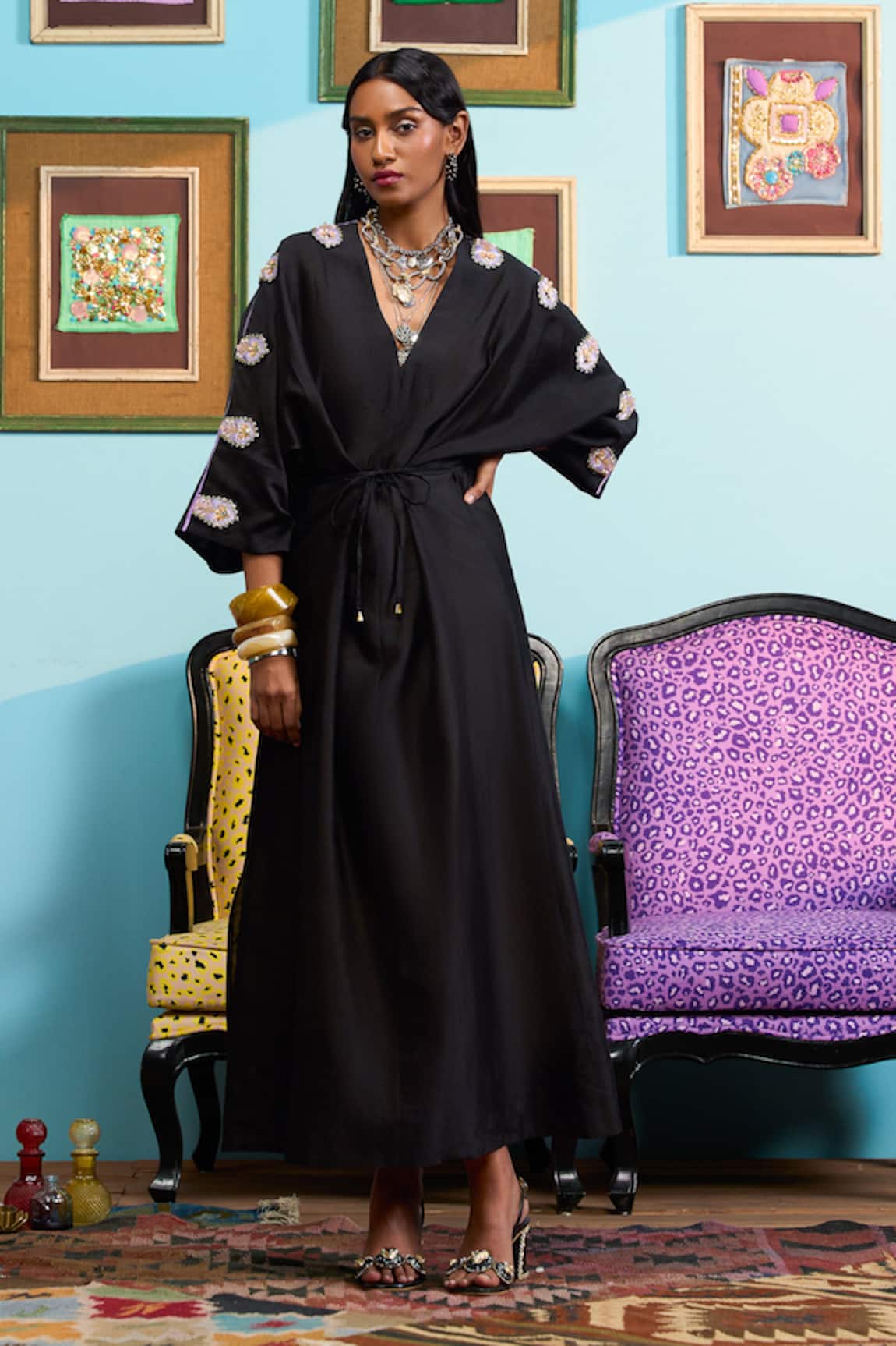 Papa Don't Preach Black Chanderi Dyed Kaftan Set 