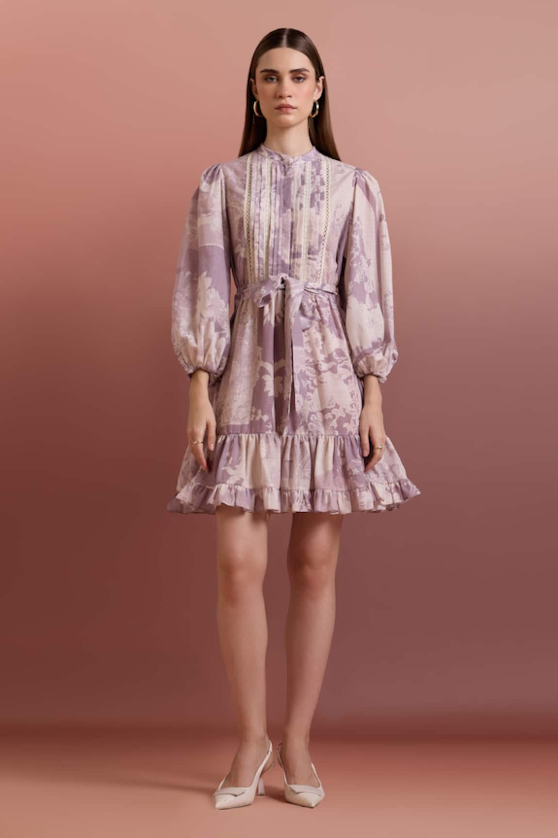 Pankaj & Nidhi Purple Linen Tiered Dress With Belt 