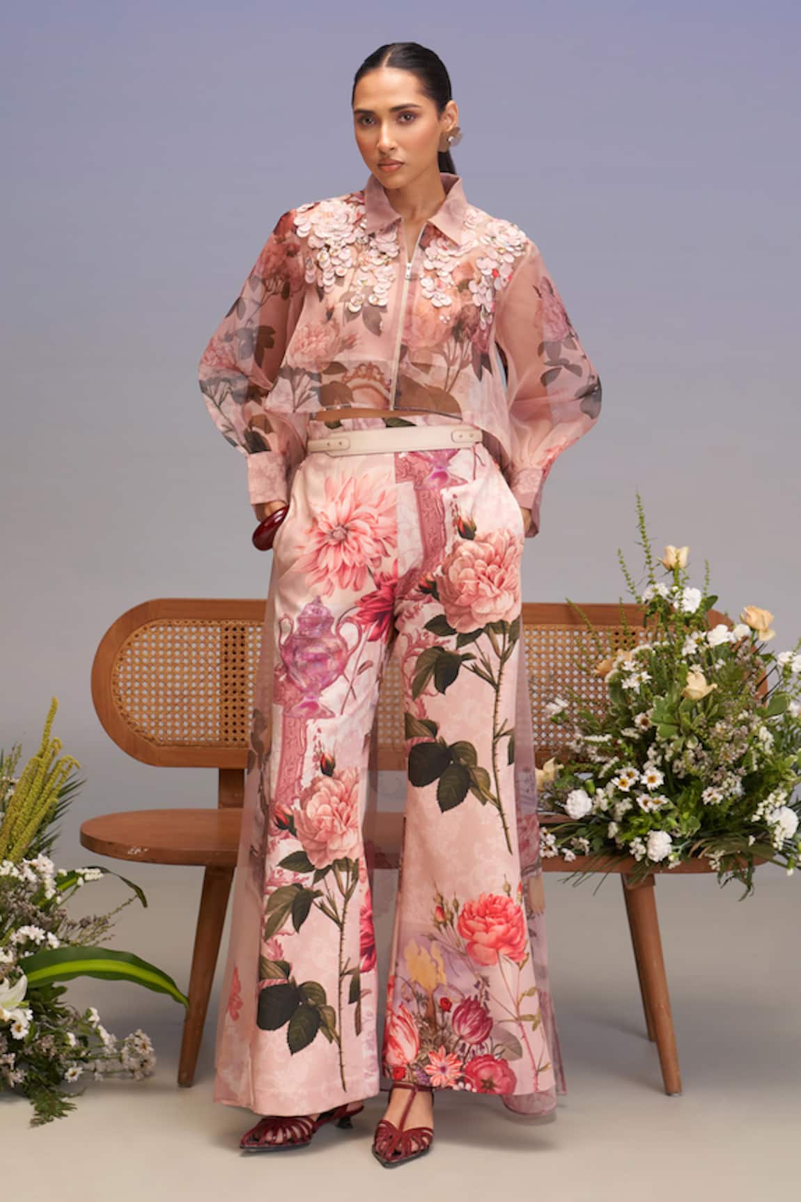 Pankaj & Nidhi Vintage Pink High-low Shirt & Flared Pants 