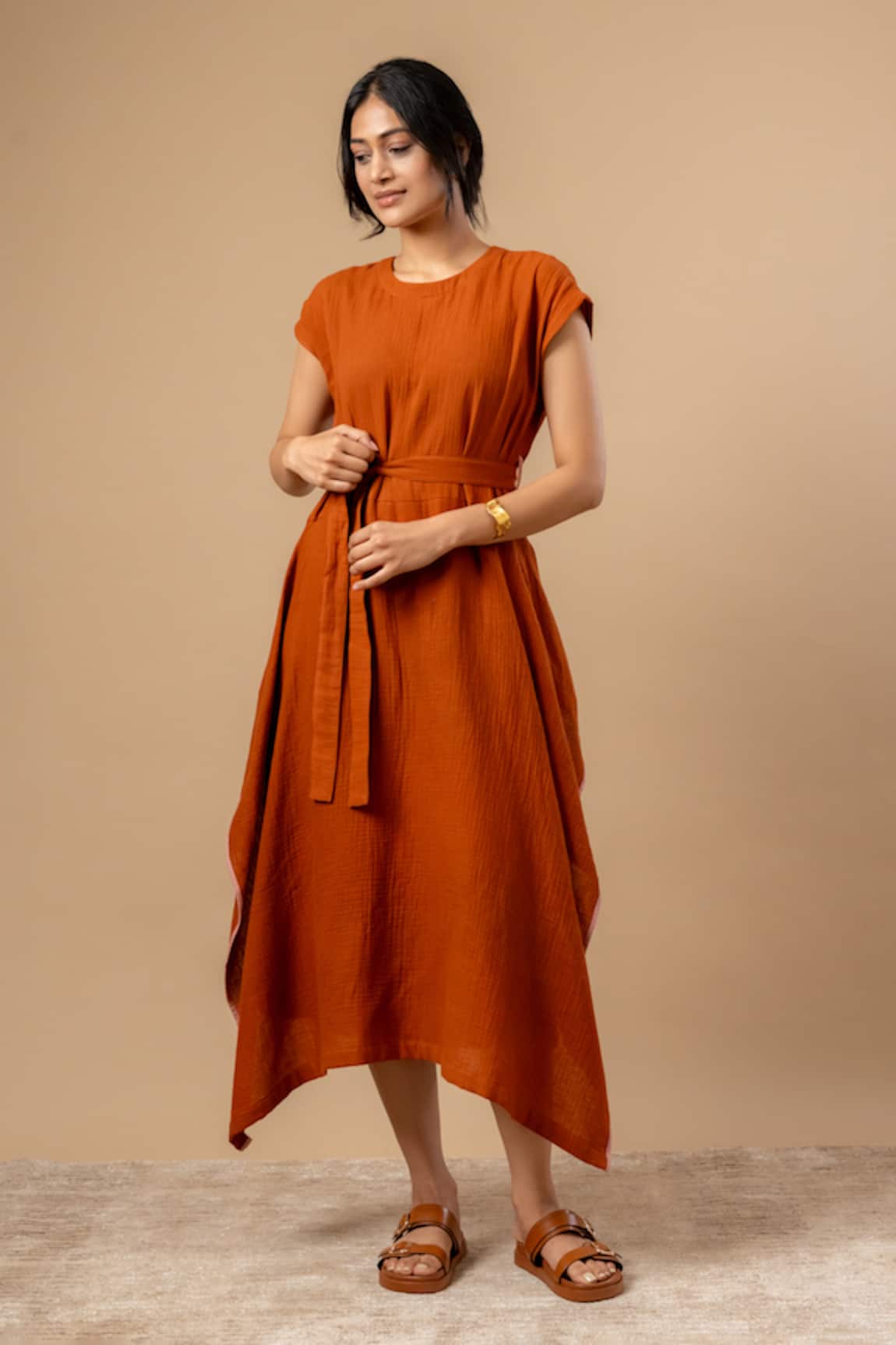Doodlage Rust Orange Organic Cotton Dress With Belt 
