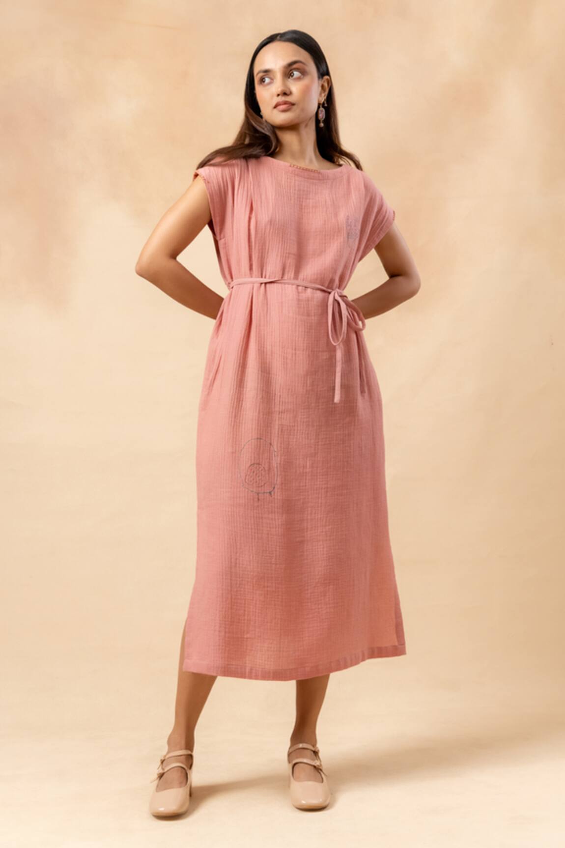 Doodlage Pink Organic Cotton Midi Dress With Belt 