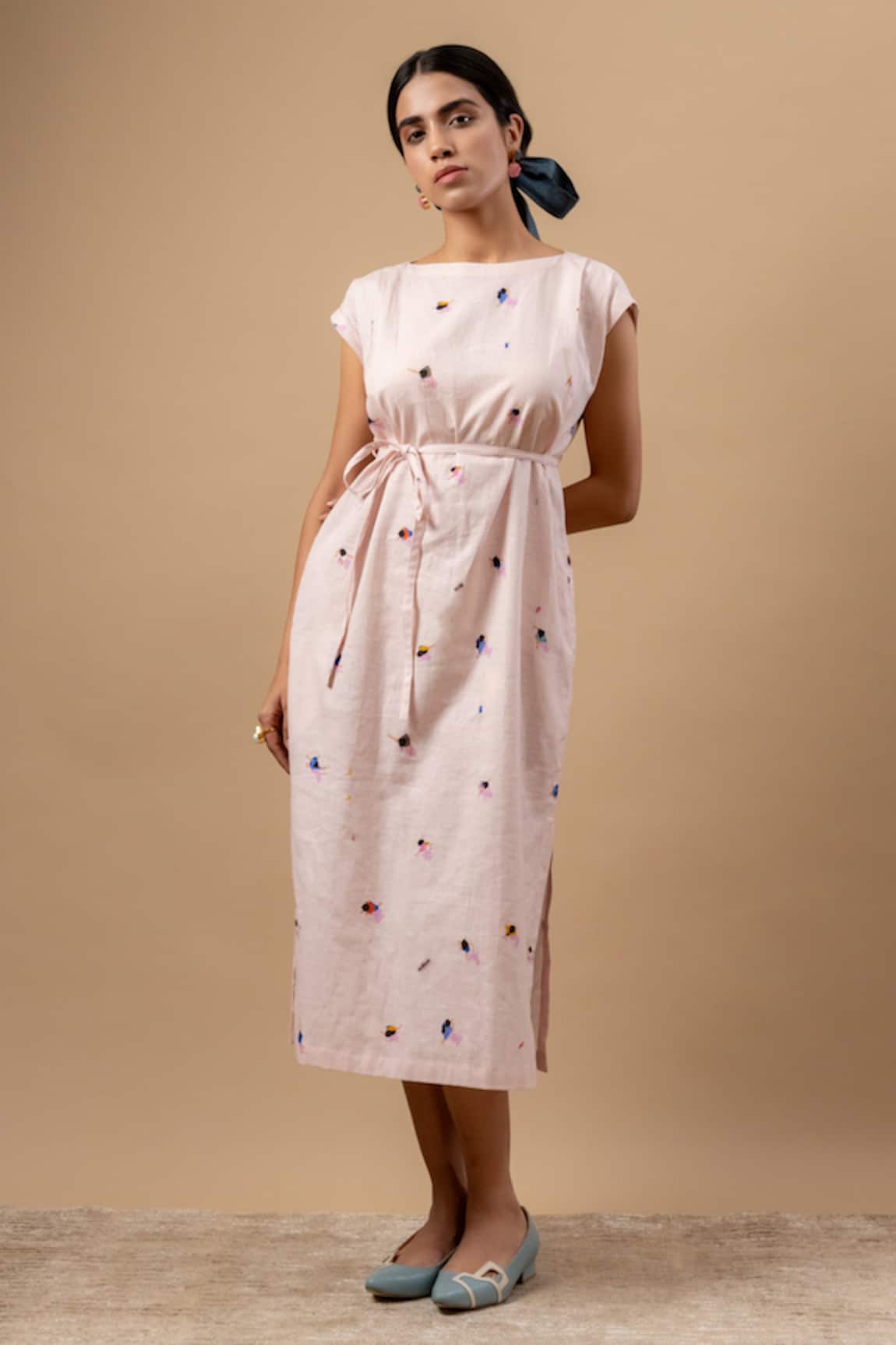 Doodlage Pink Printed Linen Dress With Belt 