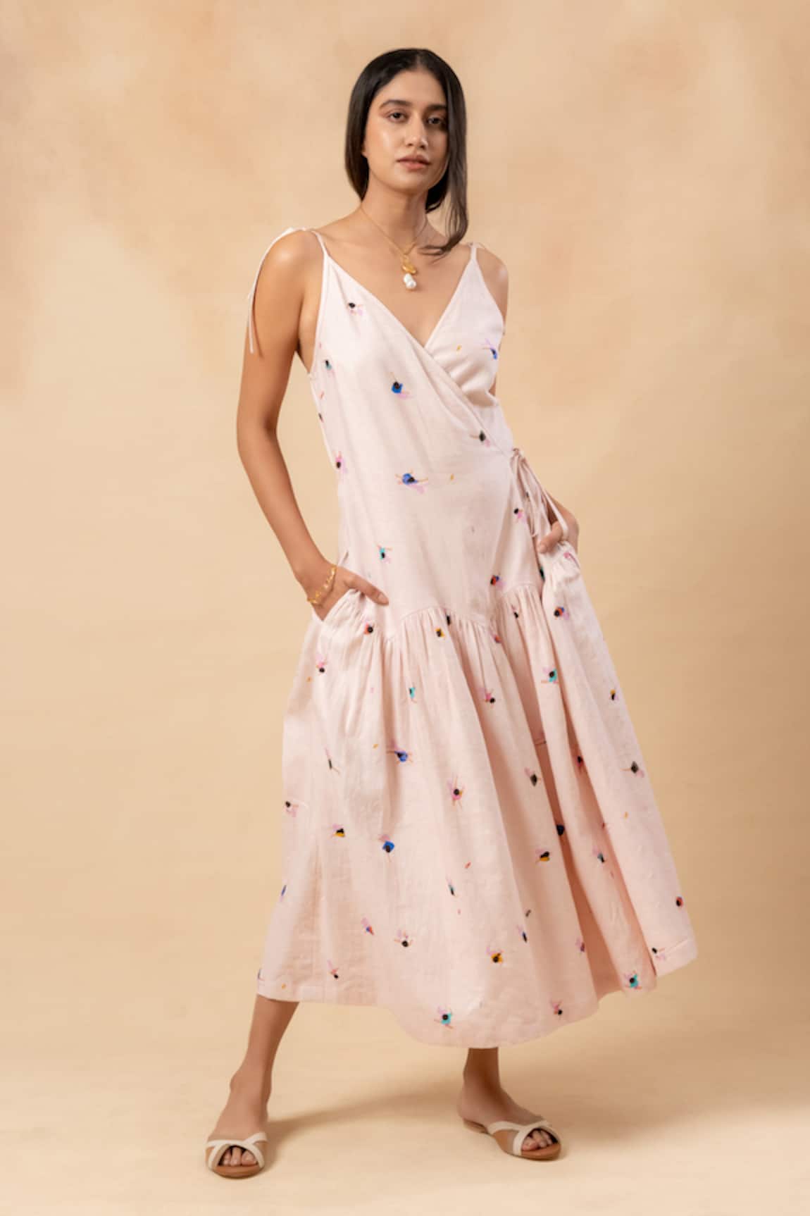Doodlage Pink Printed Linen Dress 