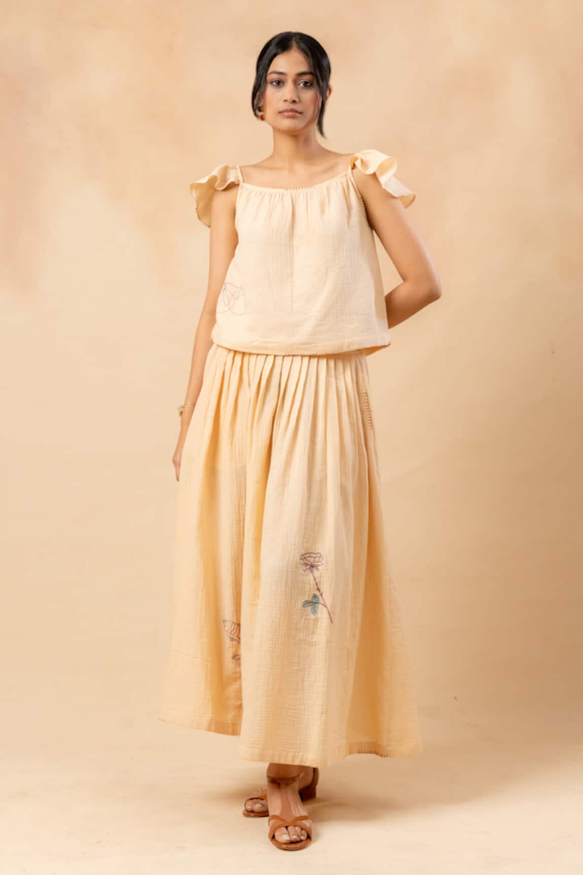 Doodlage Beige Organic Cotton Crop Top & Skirt Set 