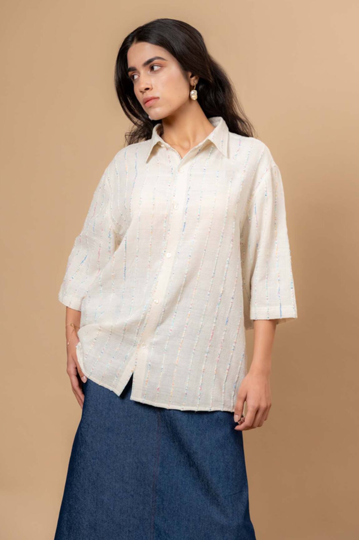 Doodlage Beige Handwoven Upcycled Fabric Shirt 