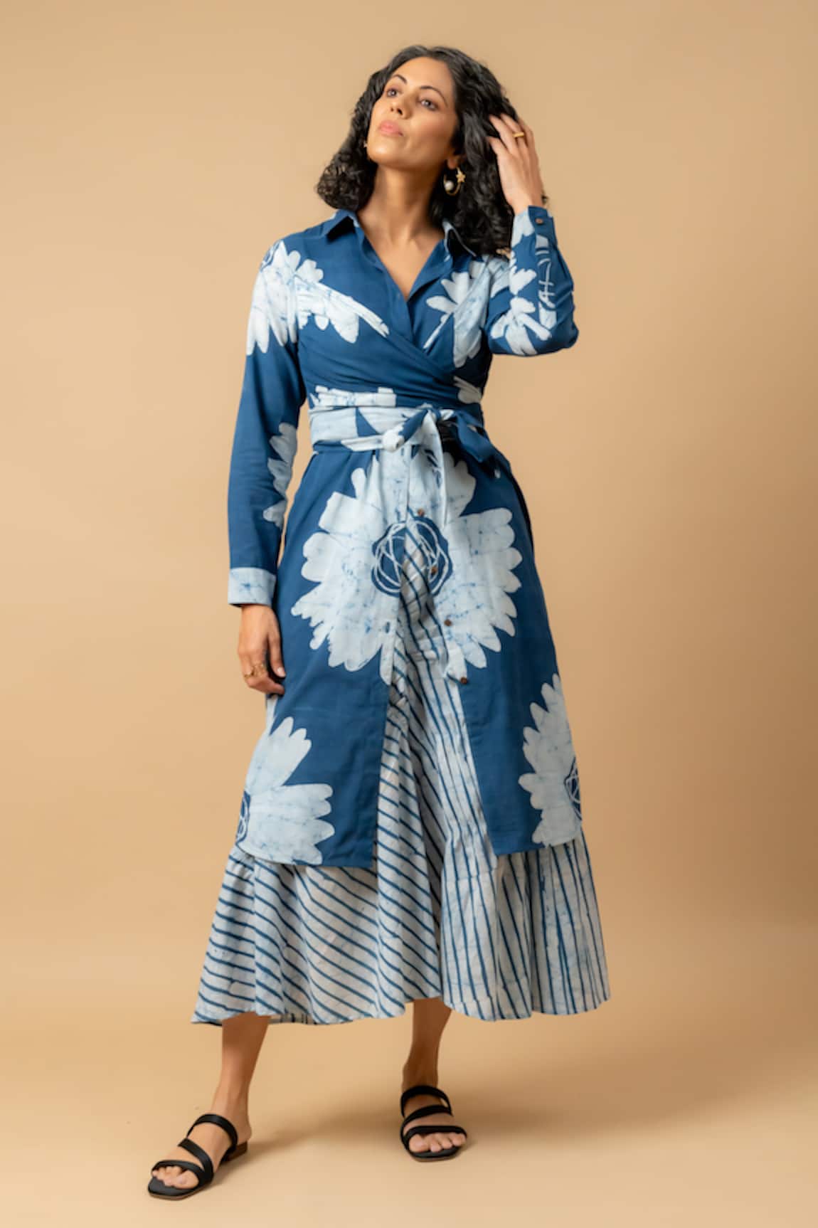 Doodlage Blue Floral Print Wrap Dress 
