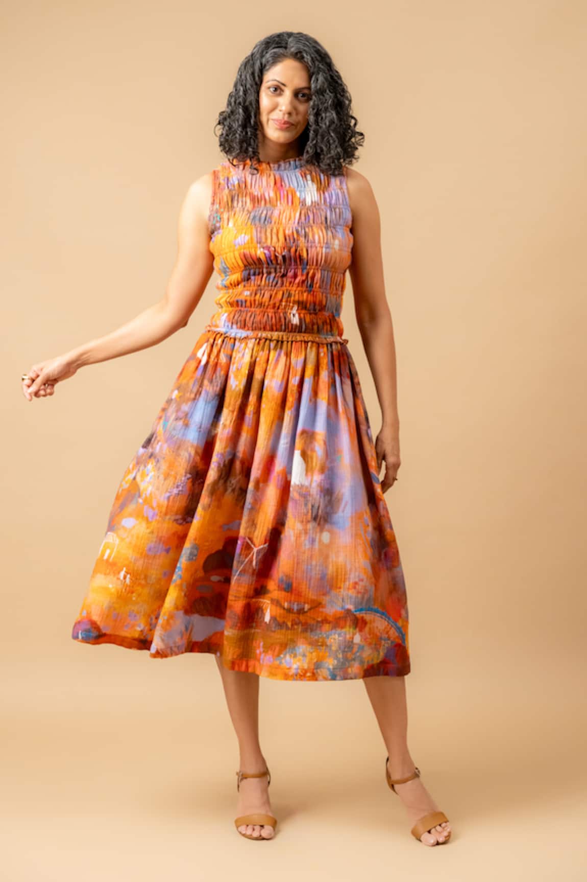 Doodlage Rust Orange Smocked Dress 