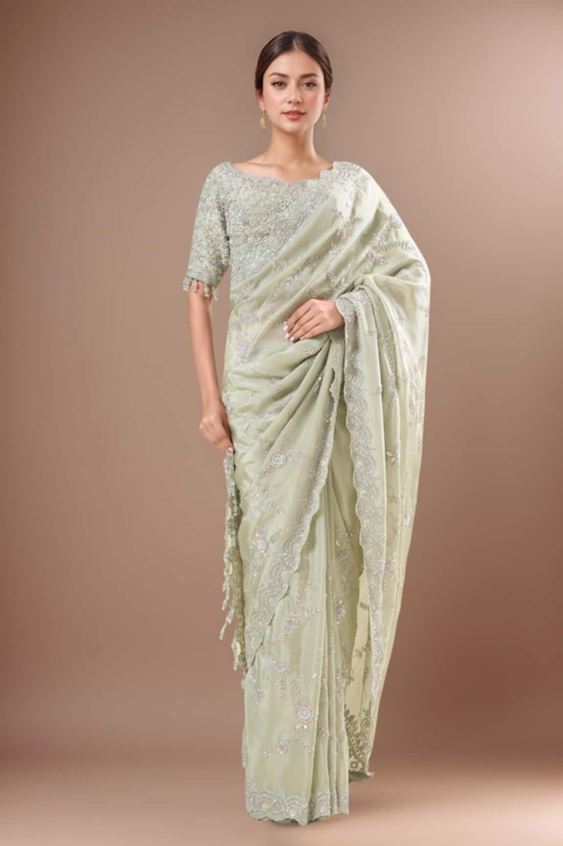 Kalighata Embroidered Green Marbella Saree Set 