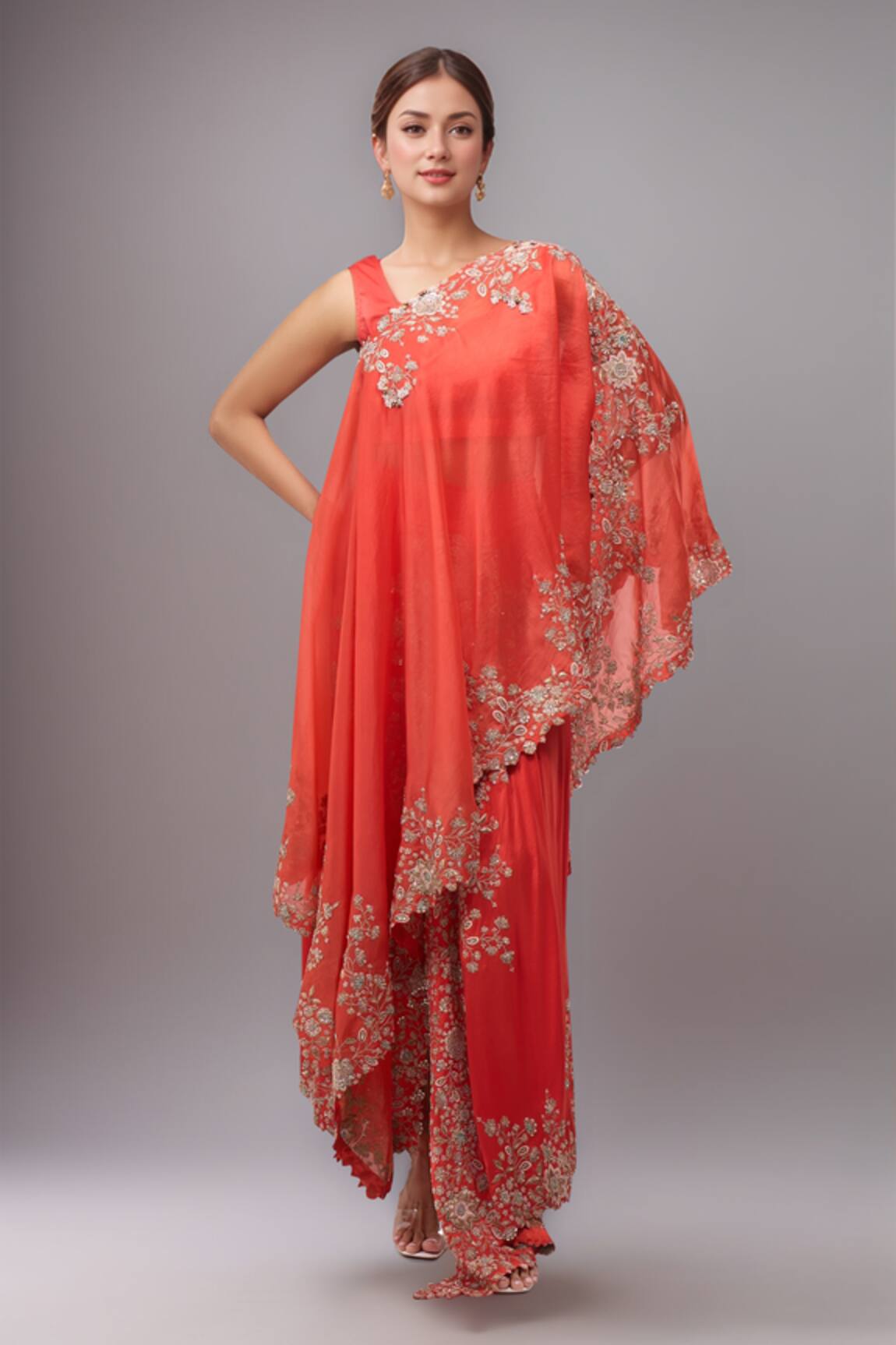 Anamika Khanna Coral Draped Skirt Set