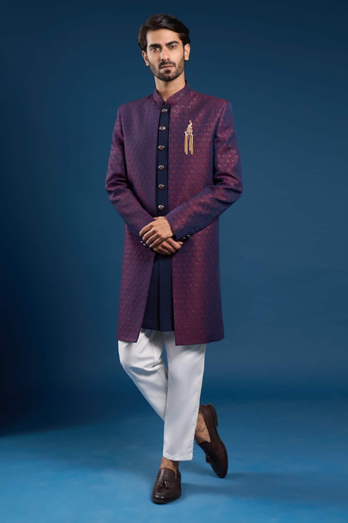 Arihant Rai Sinha Navy Blue Dupion Silk Sherwani Set 