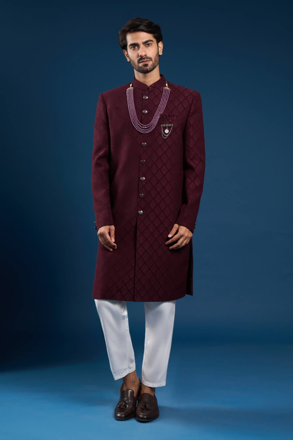 Arihant Rai Sinha Maroon Self Weaving Sherwani & Pant Set 