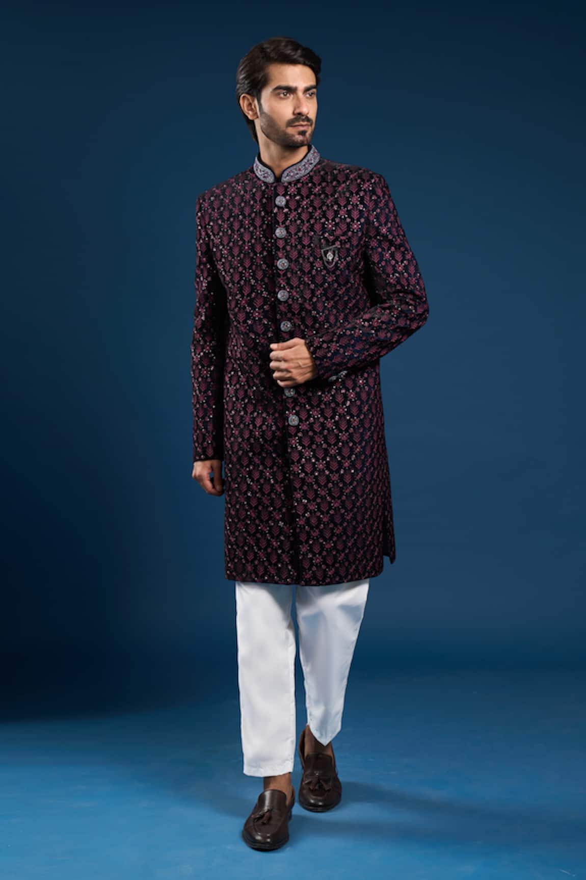 Arihant Rai Sinha Navy Blue Velvet Sherwani Set 