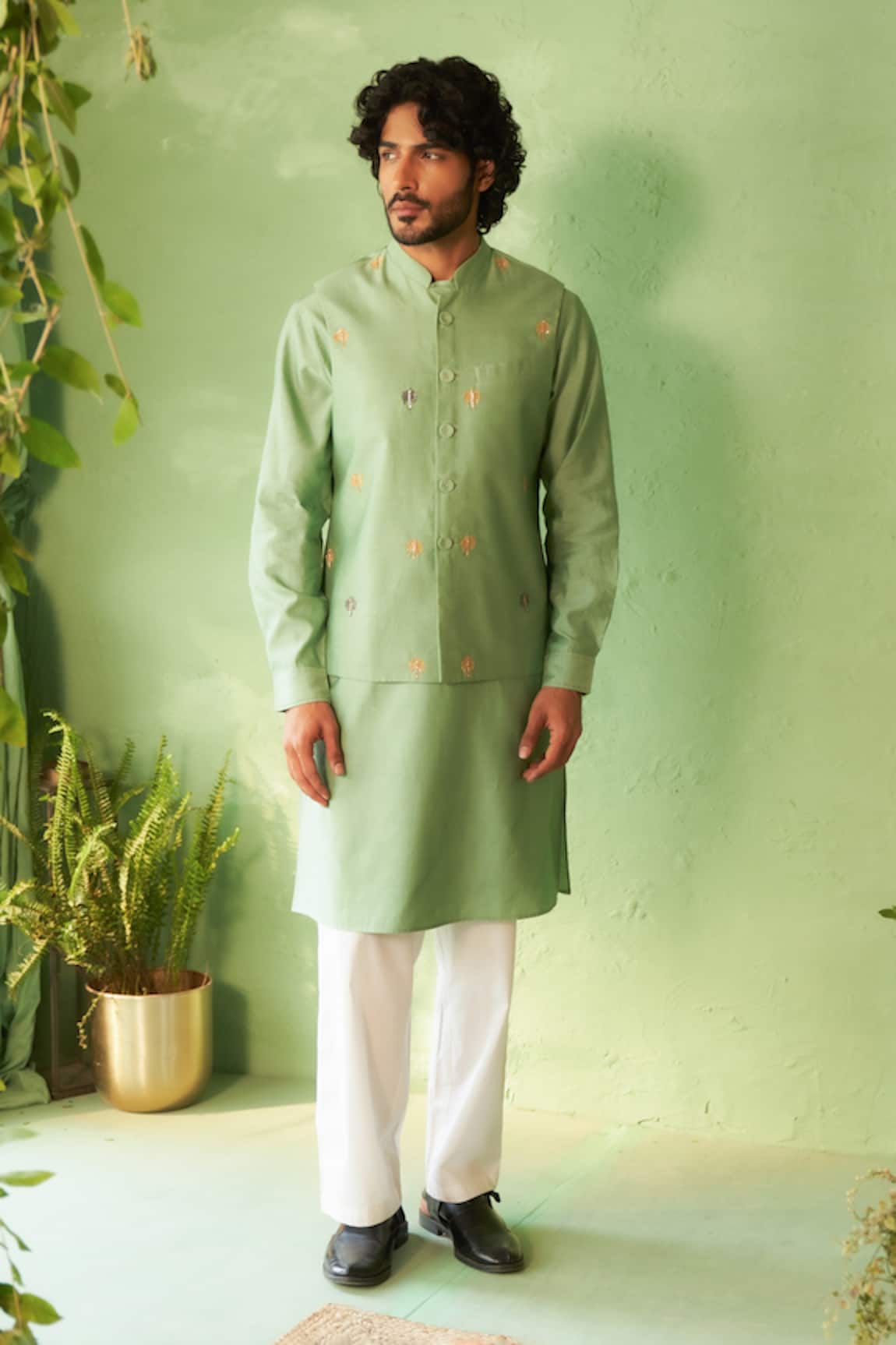 Charkhee Tea Green Chanderi Kurta Set 