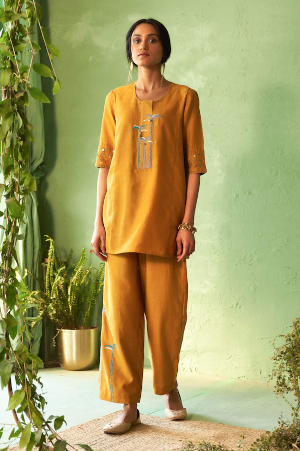 Charkhee Mustard Yellow Embroidered Kurta Pant Set 
