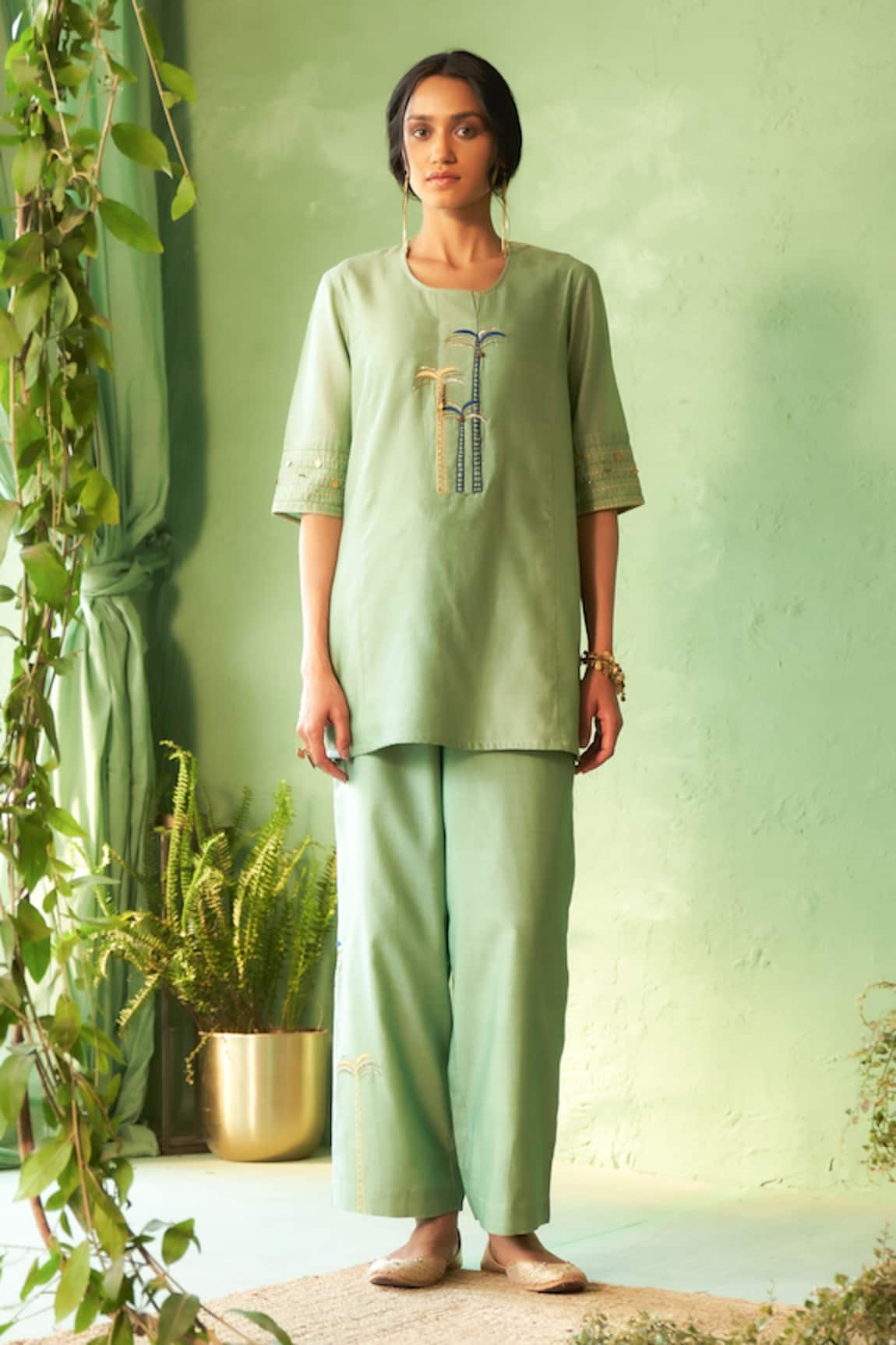 Charkhee Tea Green Embroidered Kurta Pant Set 