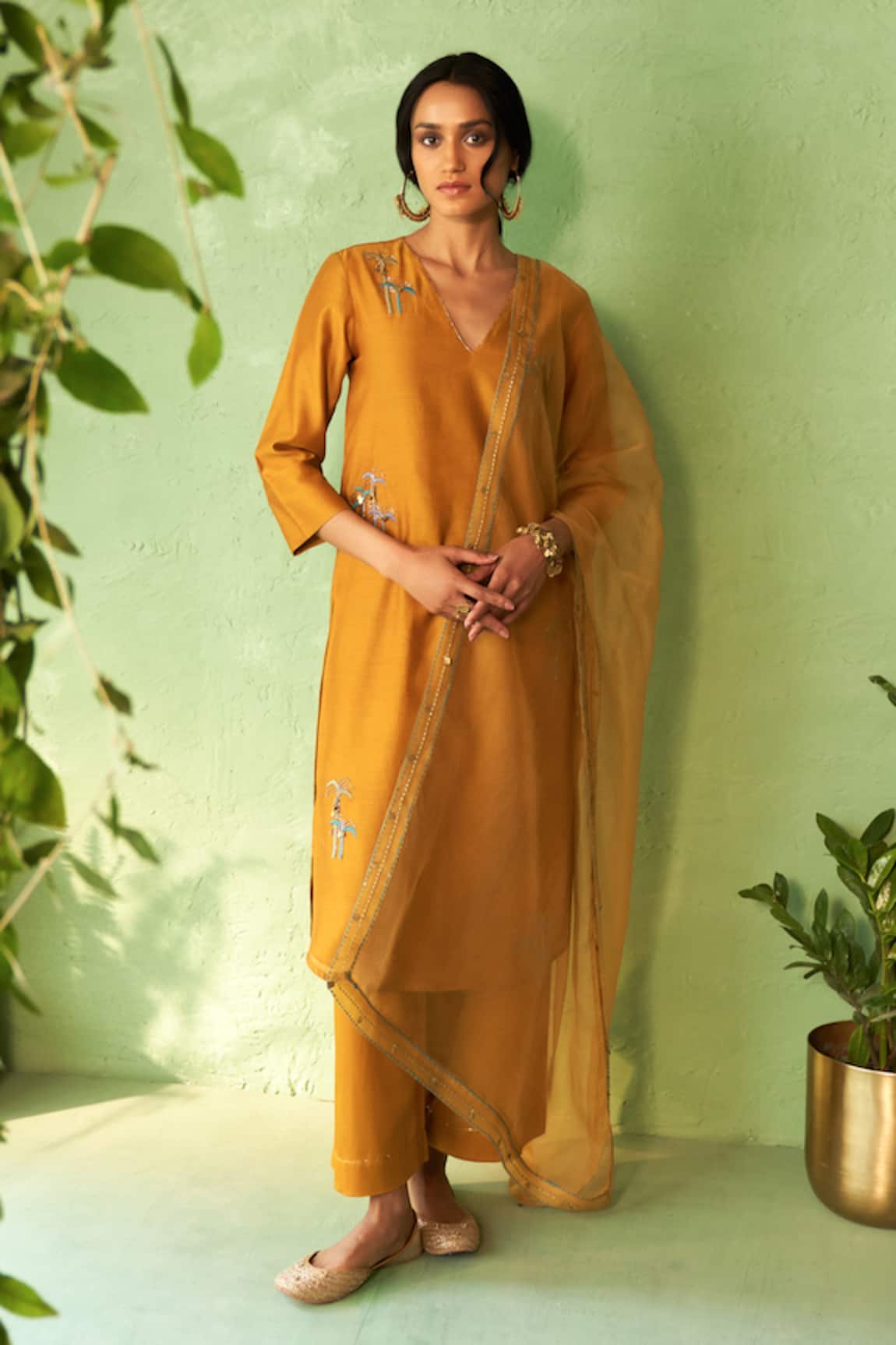 Charkhee Mustard Yellow Chanderi Kurta Set 