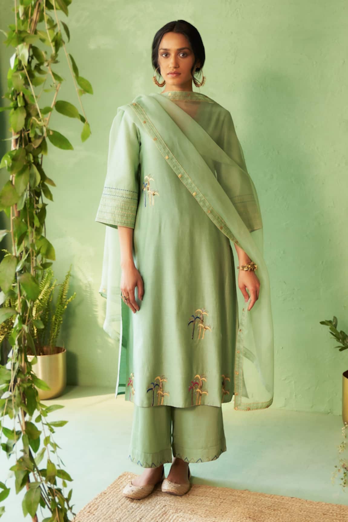 Charkhee Tea Green Embroidered Kurta Pant Set 