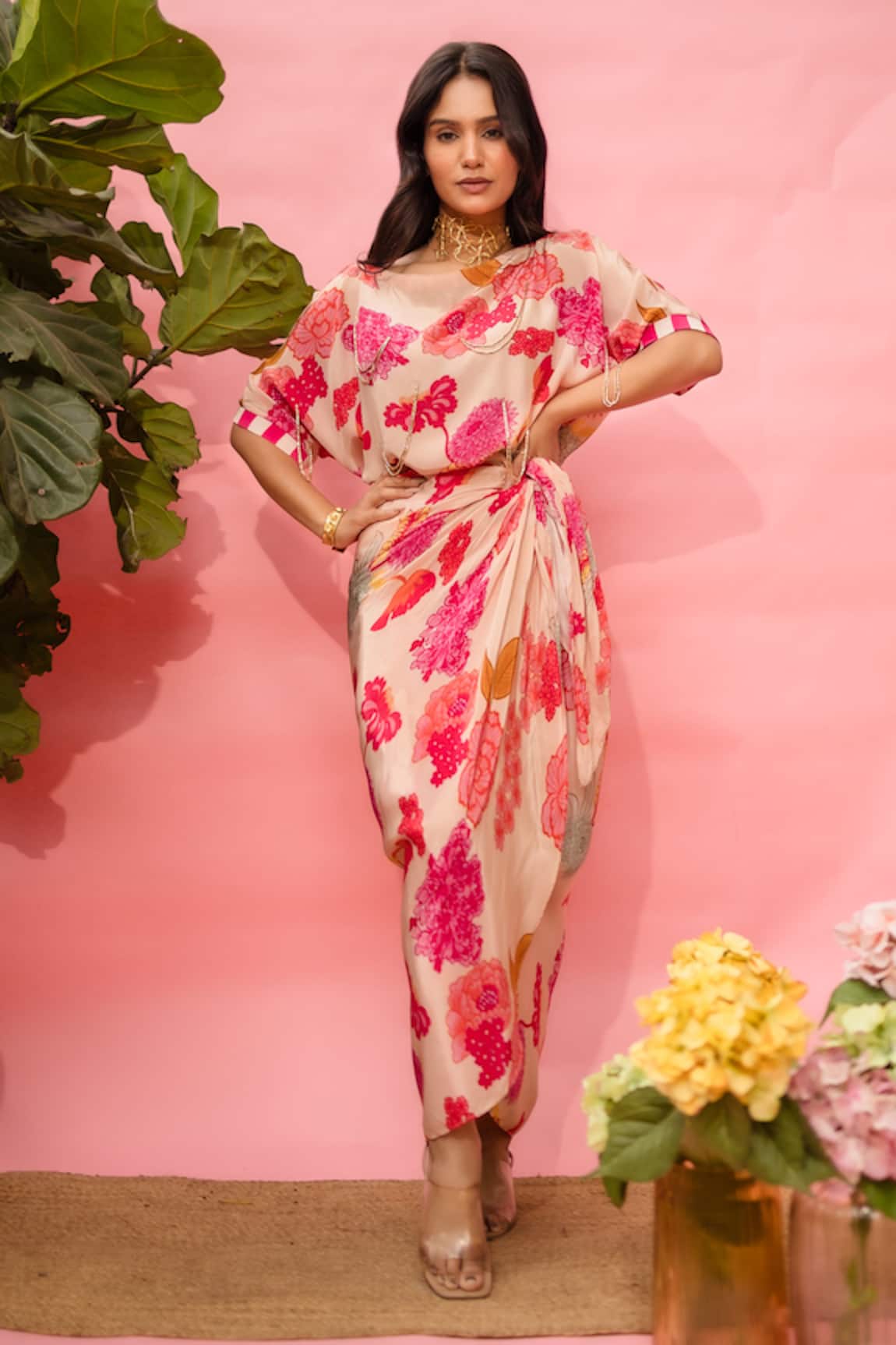 Meher By Islie Printed Pink Dress with Slip 