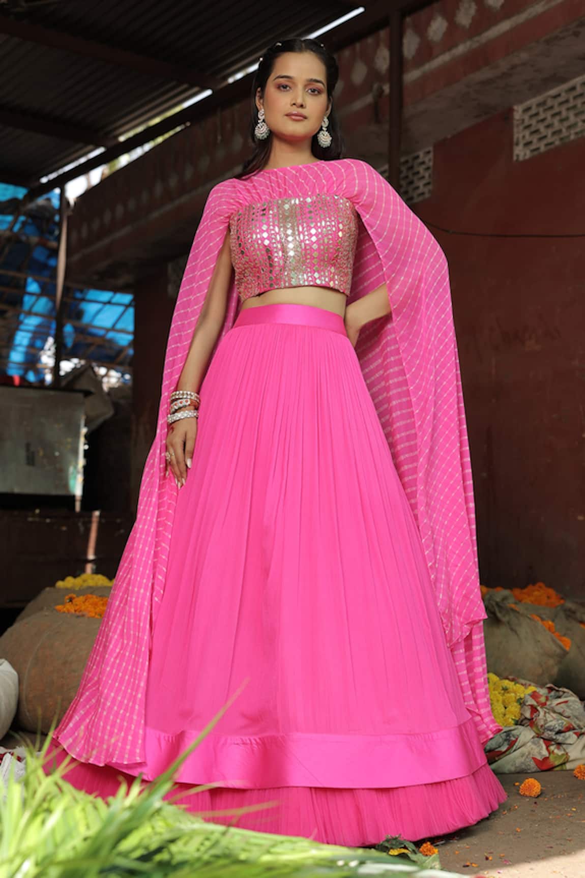 Meher By Islie Hot Pink Hand Embroidered Blouse Lehenga Set 