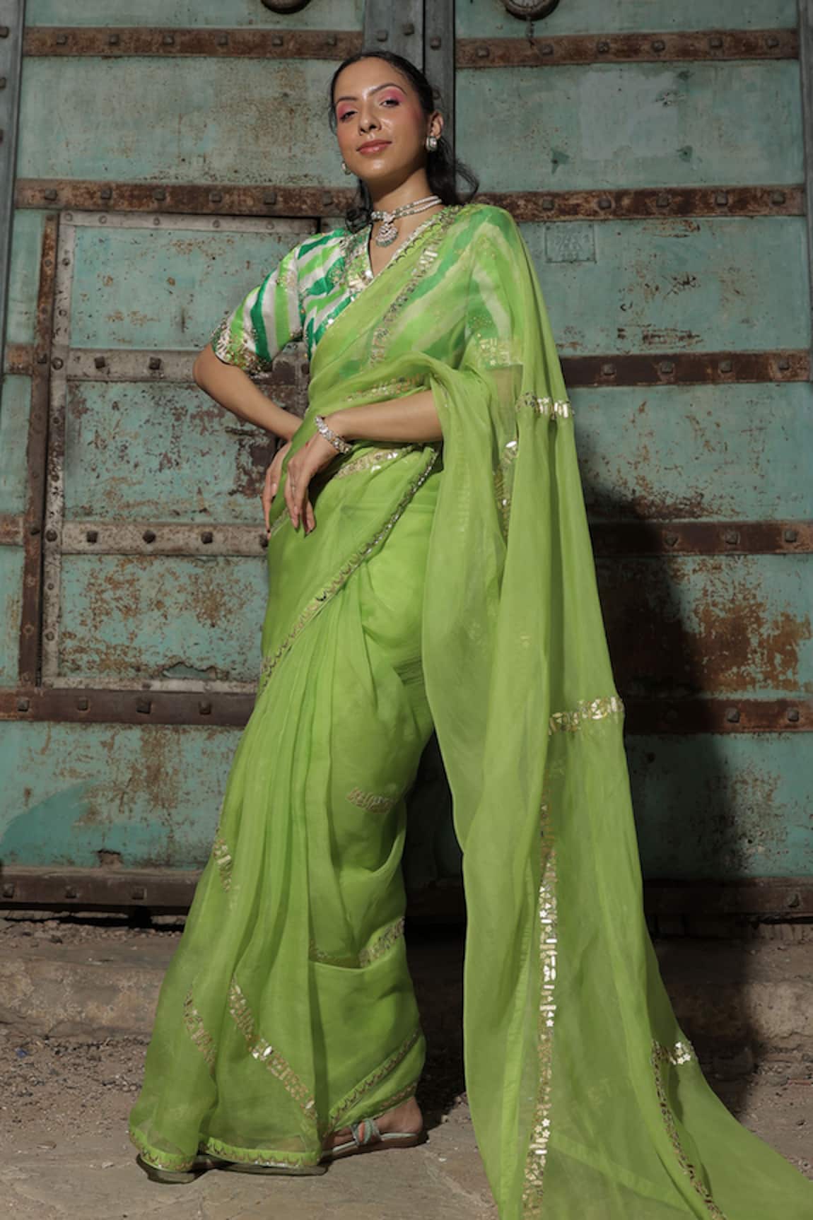 Meher By Islie Green Hand Embroidered Saree & Blouse Set 