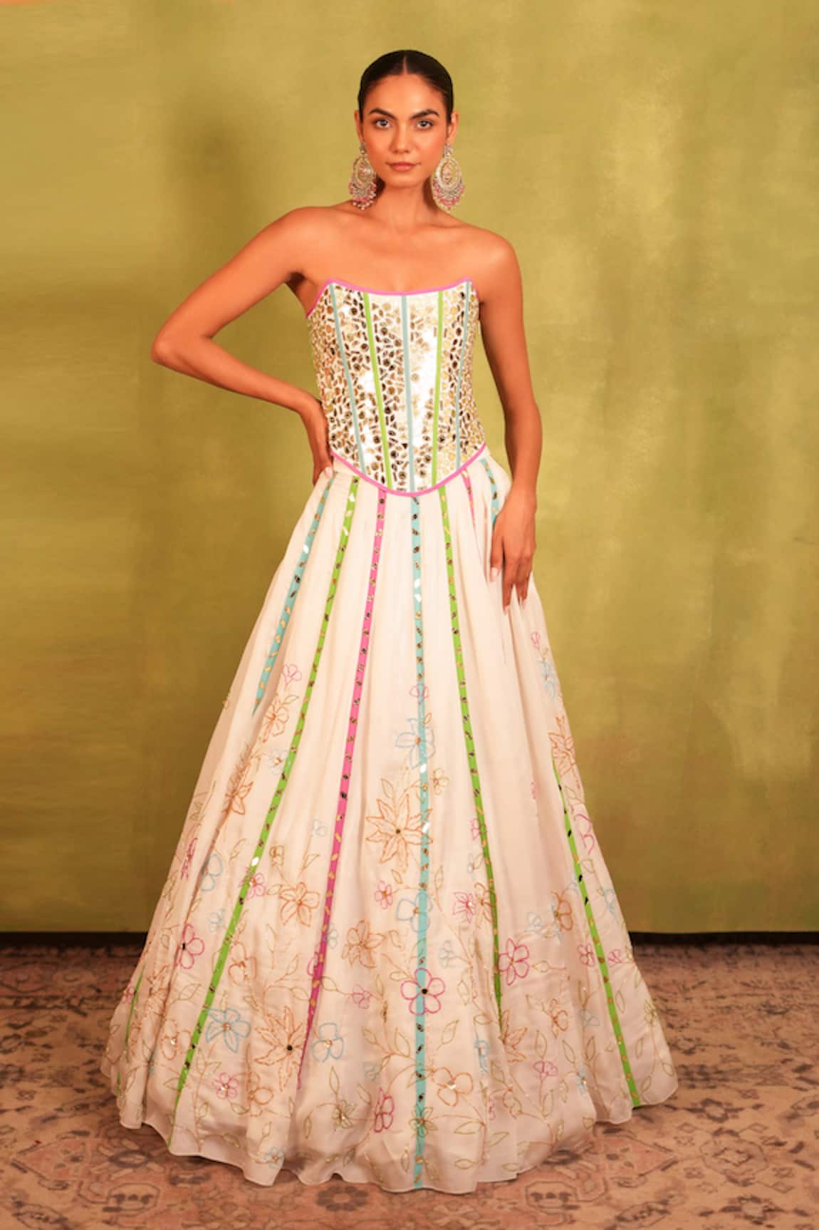 Kiran Kalsi White Hand Embroidered Corset Lehenga Set 