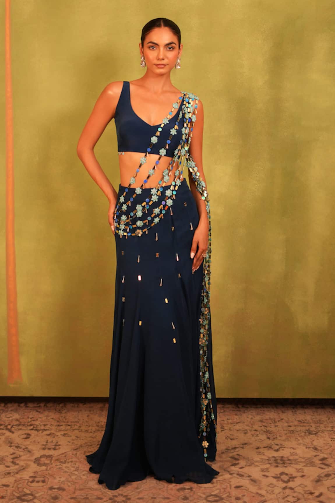 Kiran Kalsi Navy Blue Hand Embroidered Saree Set 