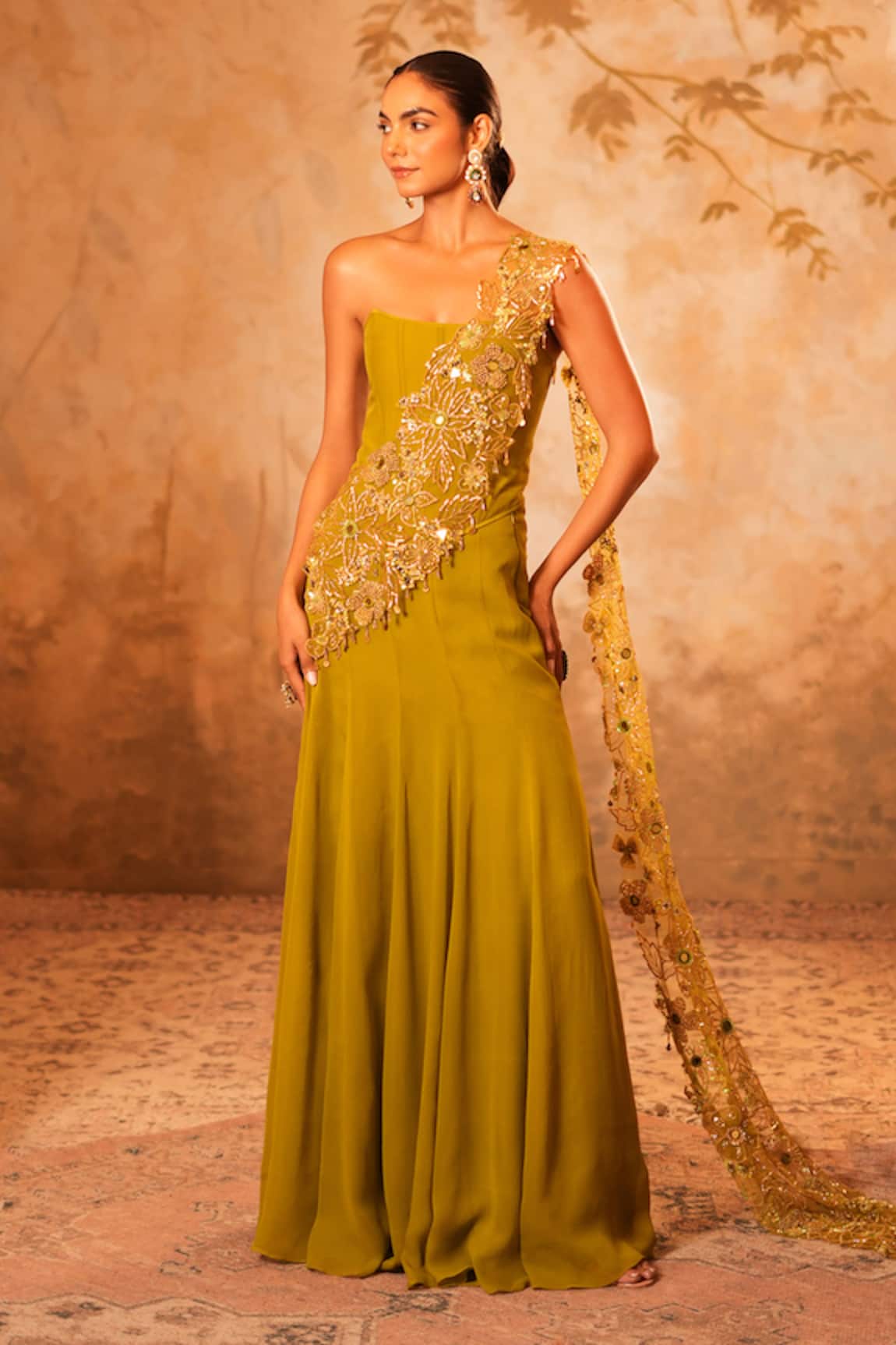 Kiran Kalsi Olive Green Hand Embroidered Corset Set 