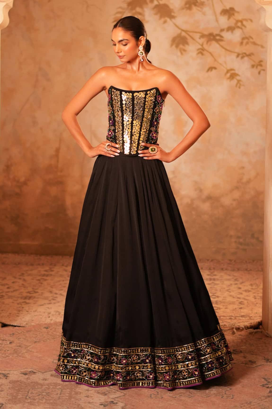 Kiran Kalsi Black Hand Embroidered Corset Lehenga Set 