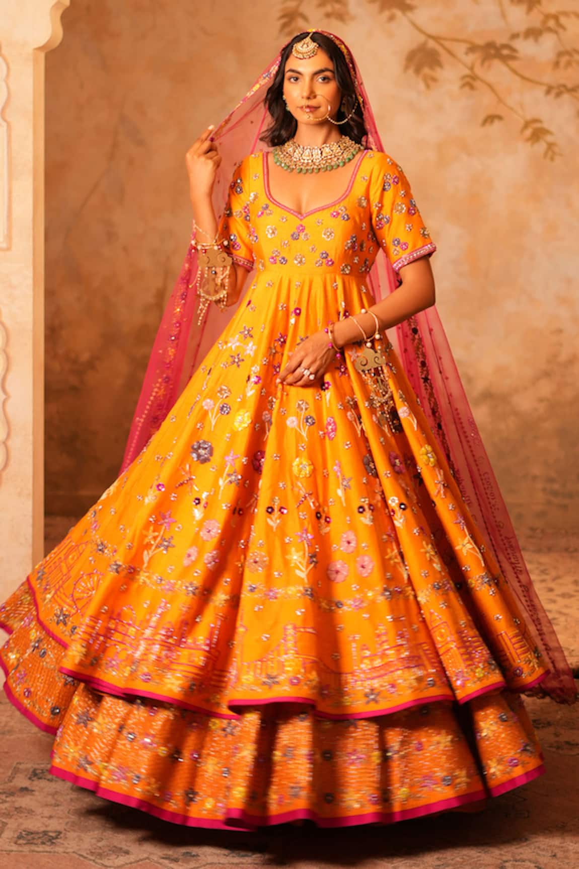 Kiran Kalsi Orange Hand Embroidered Anarkali Lehenga Set 