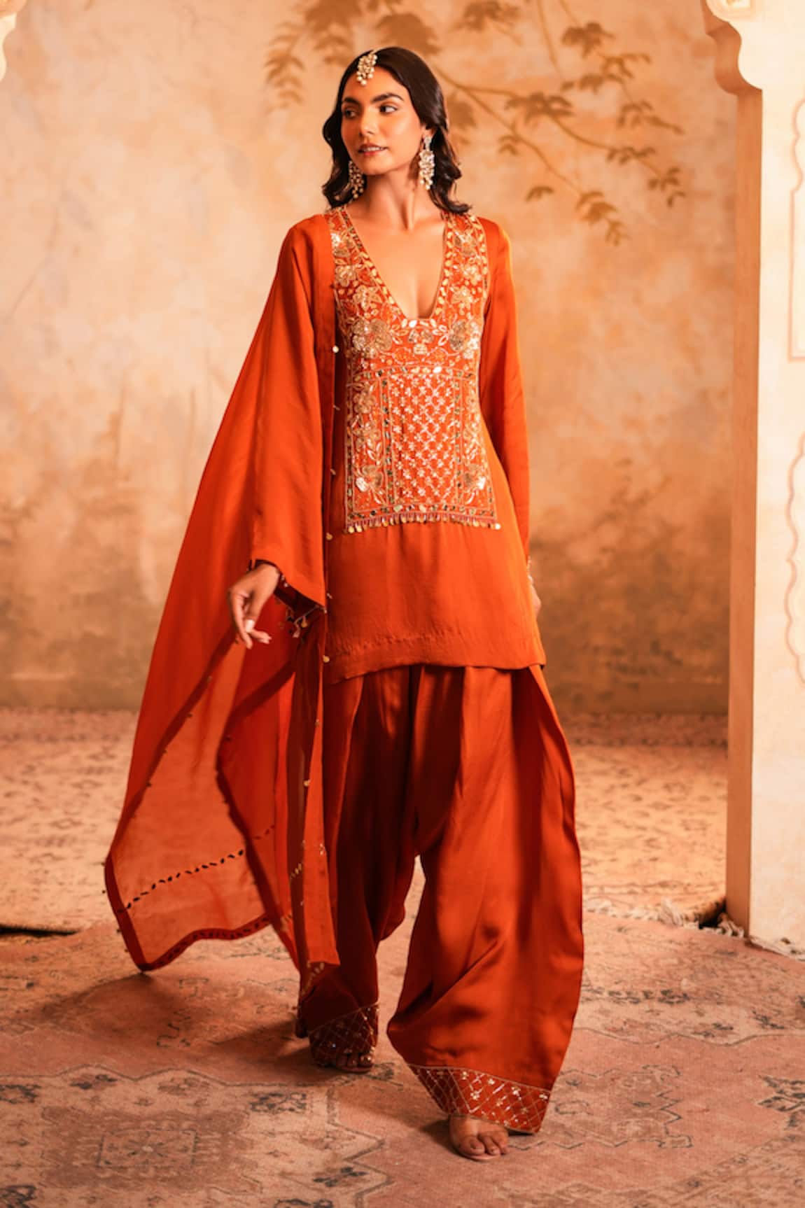 Kiran Kalsi Rust Orange Hand Embroidered Kurta Set 