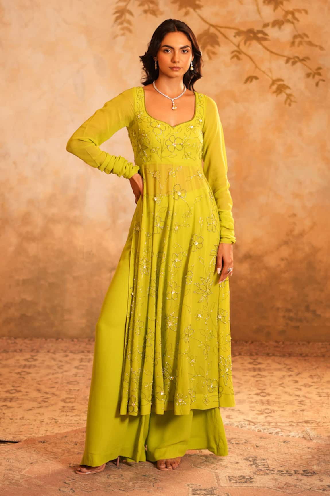 Kiran Kalsi Lime Green Hand Embroidered Anarkali Set 