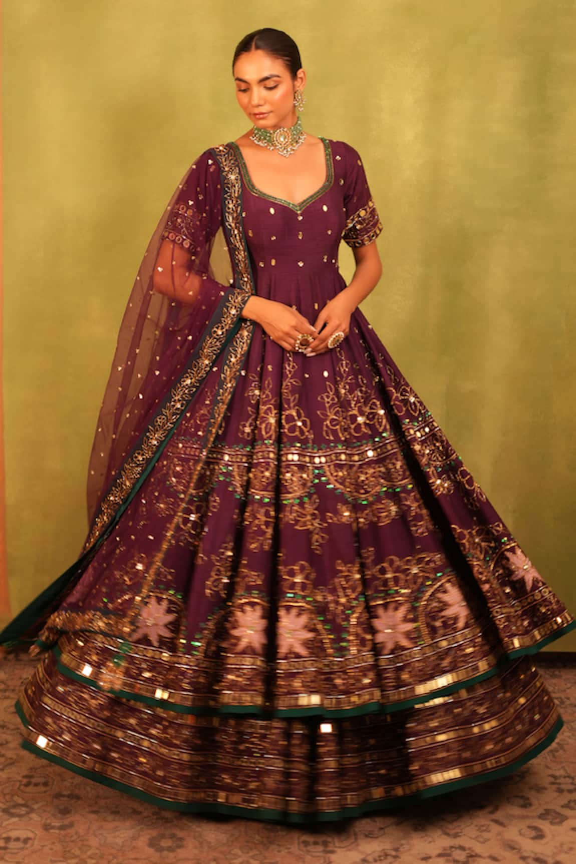 Kiran Kalsi Plum Purple Hand Embroidered Anarkali Lehenga Set 