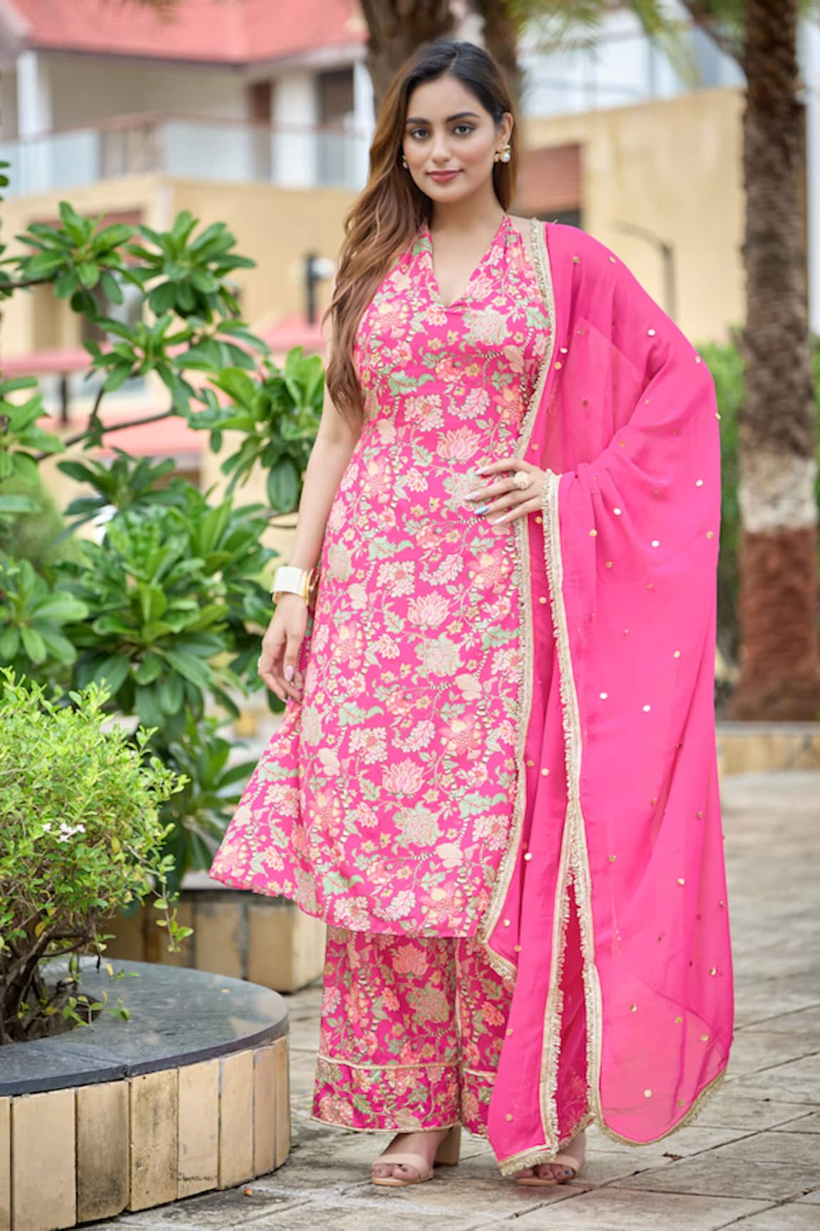 Damoiselle Fuschia Fable Halter Kurta Set 