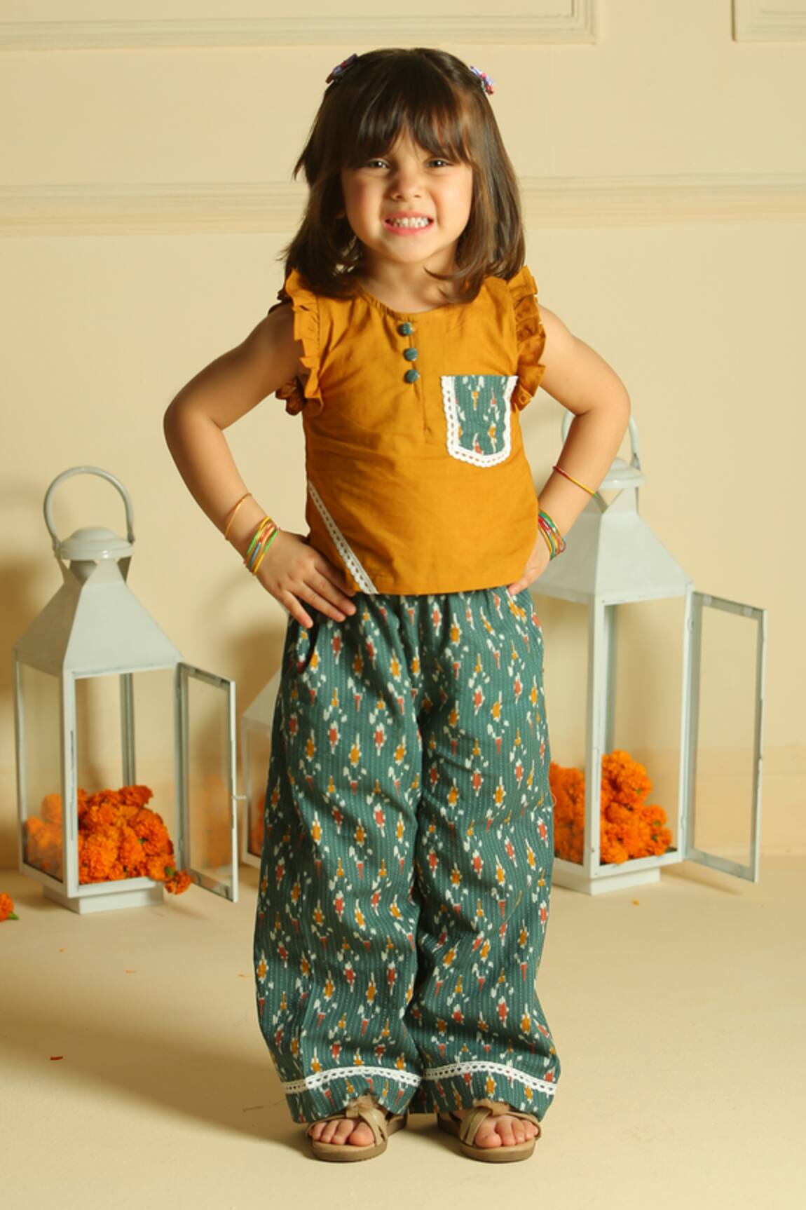 Pankhuri By Priyanka Yellow Top & Green Straight Pant Set 