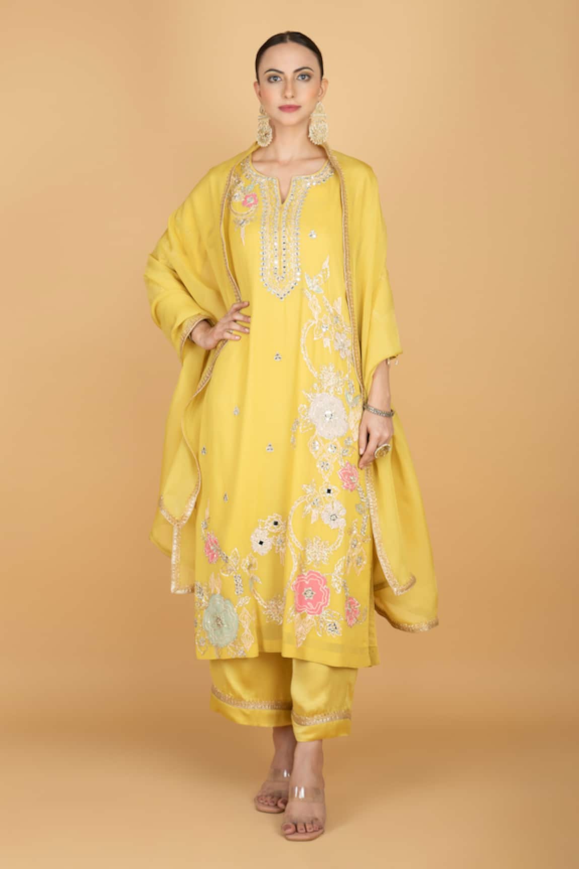 Tanu Malhotra Embroidered Lime Yellow Kurta Set 