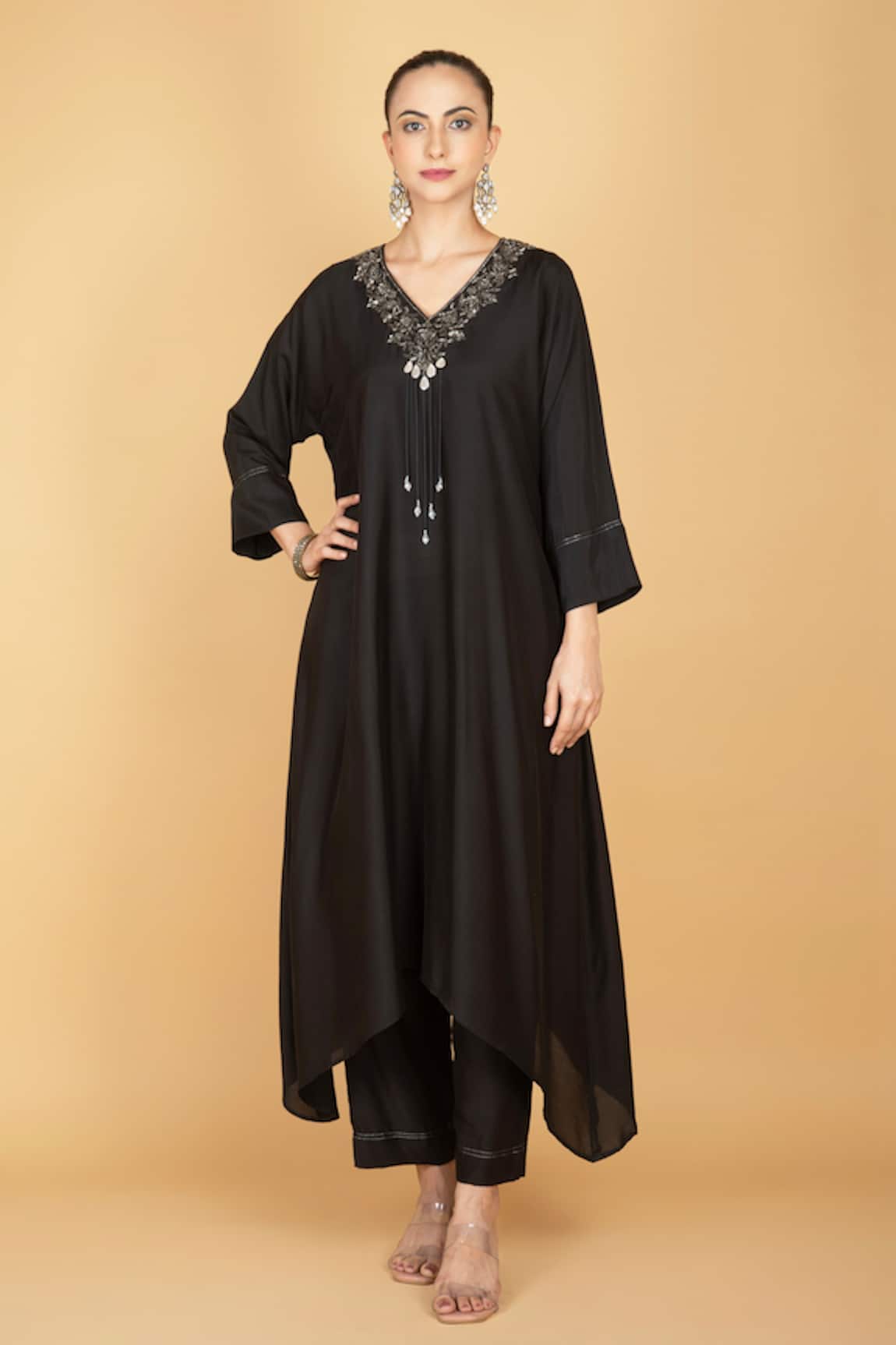 Tanu Malhotra Black Kaftaan & Pant Set 