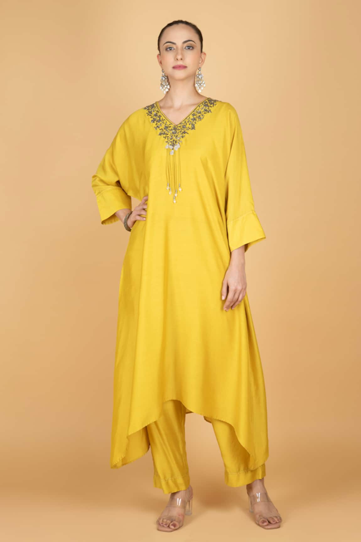 Tanu Malhotra Lime Yellow Kaftaan & Pant Set 